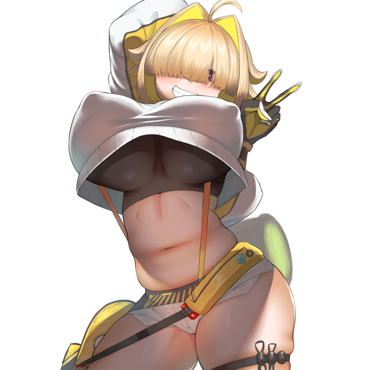 1girls, ahoge, belly, belly button, blonde hair, blush, breasts, elegg (nikke), female, female only, goddess of victory: nikke, grin, hair over eyes, large breasts, nipple bulge, nipple outline, peace sign, plump, purple eyes, thighs, tight clothing, underboob, white background