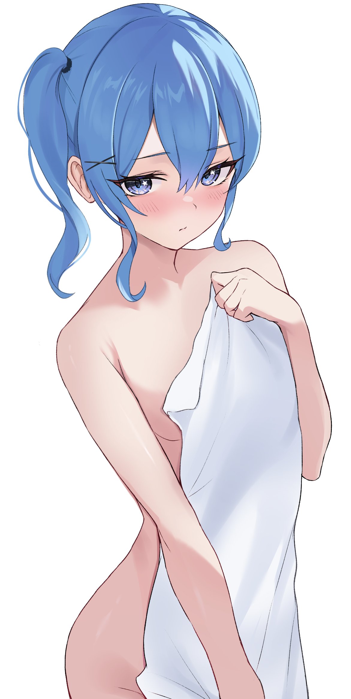 1girls blue_eyes blue_hair blush breasts fawny hair_between_eyes hololive hololive_gen_0 hololive_japan hoshimachi_suisei medium_hair naked_towel one_side_up small_breasts solo star_in_eye virtual_youtuber white_towel