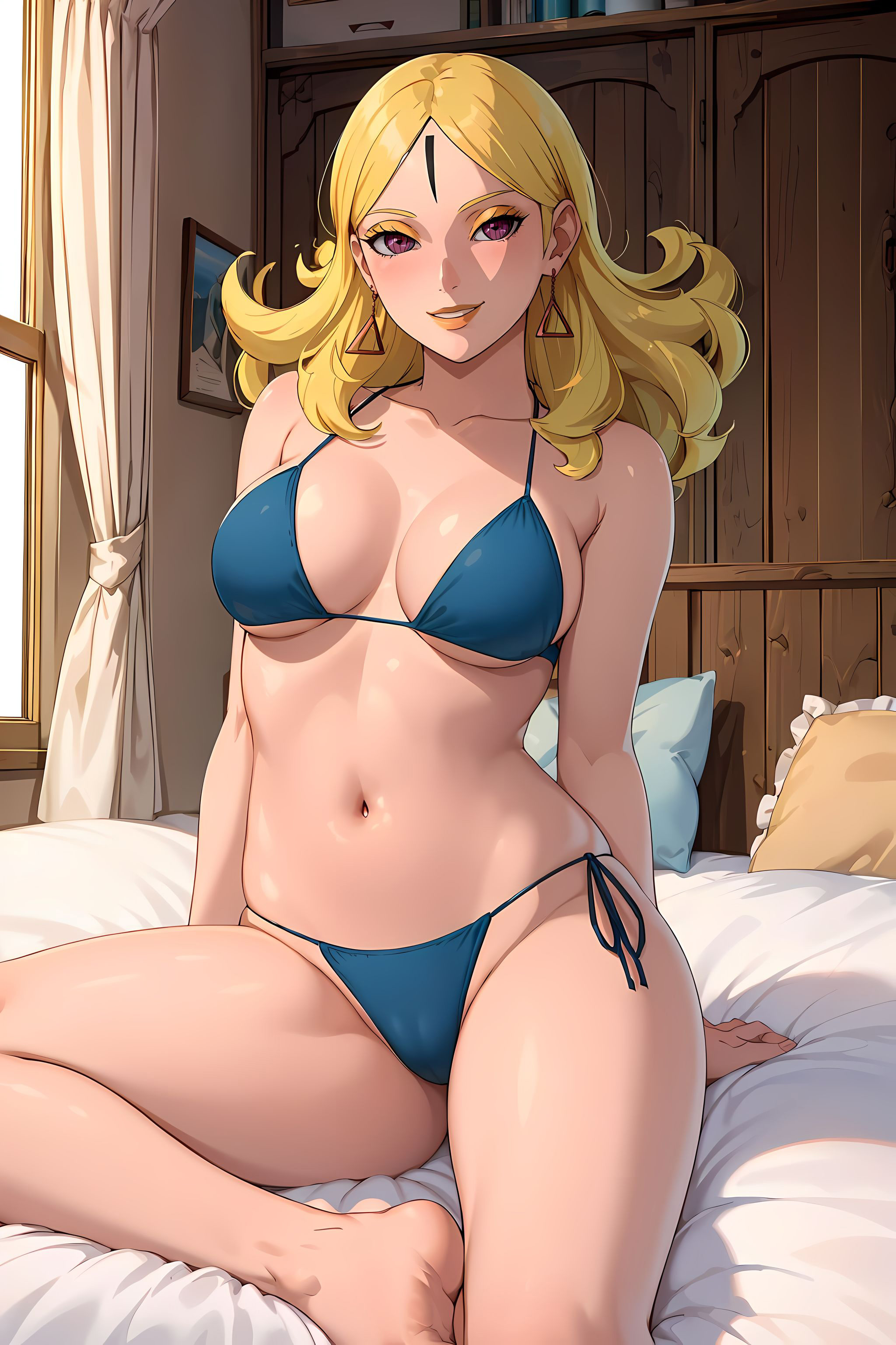 1girls, ai generated, alex-schura, alternate costume, bare shoulders, bed, bedroom, belly button, bikini, bikini bottom, bikini top, blonde hair, boruto: naruto next generations, breasts, cleavage, clothed, clothed female, delta (boruto), earrings, exposed belly, eyeshadow, female, female only, forehead mark, green bikini, grin, interior, large breasts, light skin, light-skinned female, lipstick, long hair, looking at viewer, makeup, naruto, naruto (series), pink eyes, sitting, sitting on bed, smile, smiling, smiling at viewer, thighs, upper body, yellow lipstick