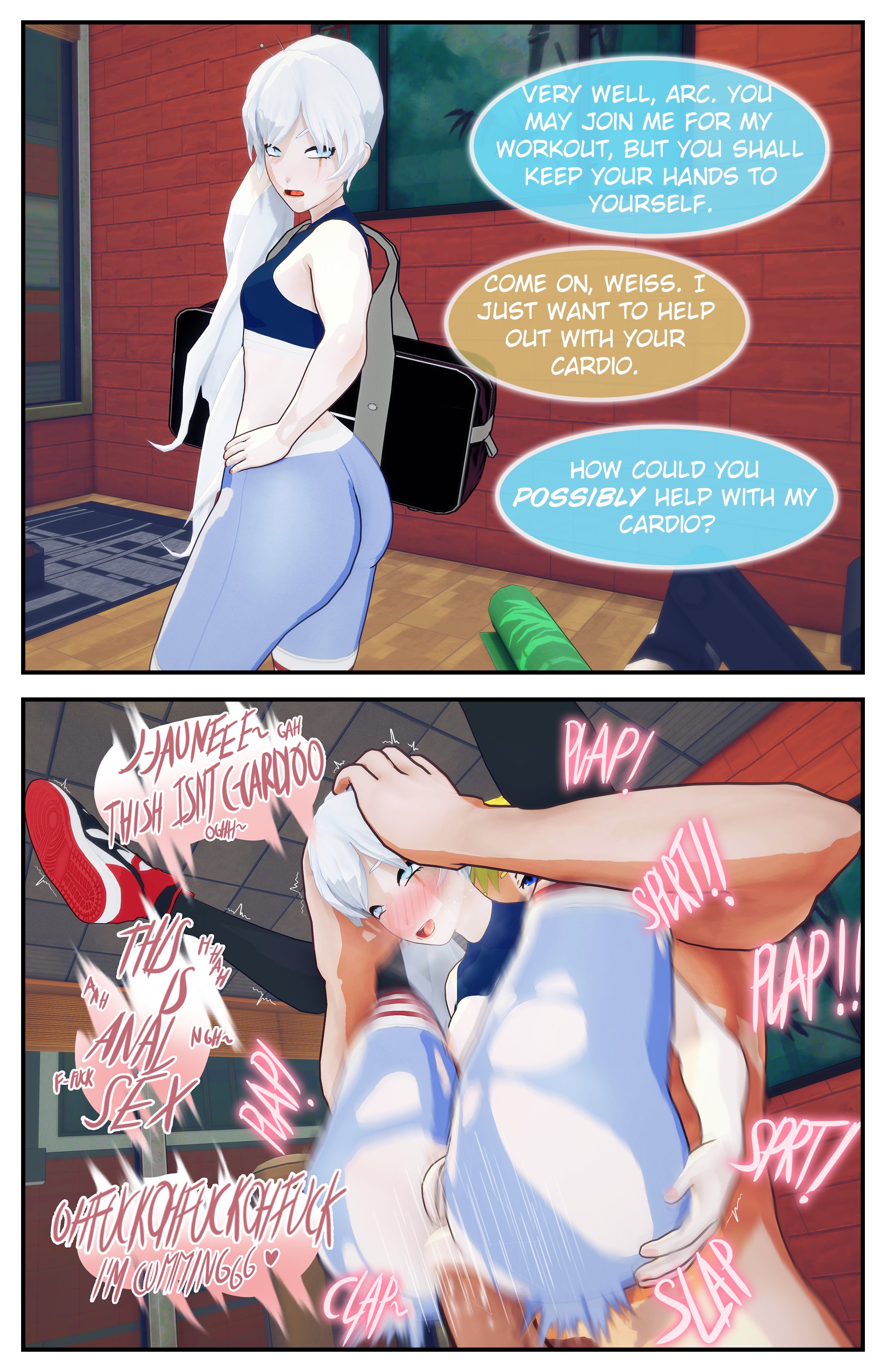 1boy, 1girls, 3d, anal, blue eyes, bra, english text, female, fucked silly, full nelson, indrick [artist], instant loss, instant loss 2koma, jaune arc, male, rwby, sex, sports bra, straight, text, weiss schnee, white hair
