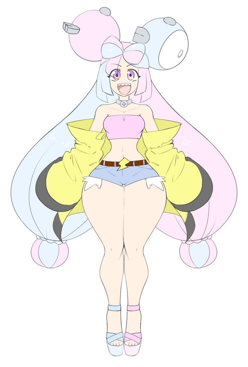 asymmetrical hair, blue hair, blush, child bearing hips, color, electrocution, female, game freak, high heels, iono (pokemon), looking at viewer, multicolored hair, nintendo, pink hair, pokemon, pokemon sv, purple eyes, sealguy, sharp teeth, spiral eyes, strappy heels
