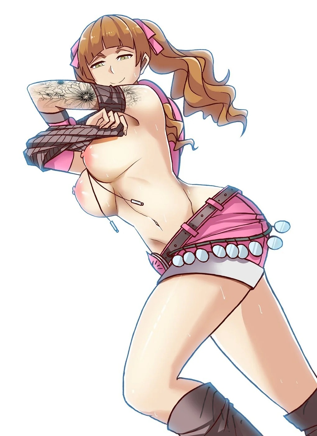 abs boots breasts brown_hair dbd dead_by_daylight kate_denson necklace_between_breasts pink_nipples pink_short_shorts pink_shorts ponytails side_armpit smiling_at_viewer taking_clothes_off