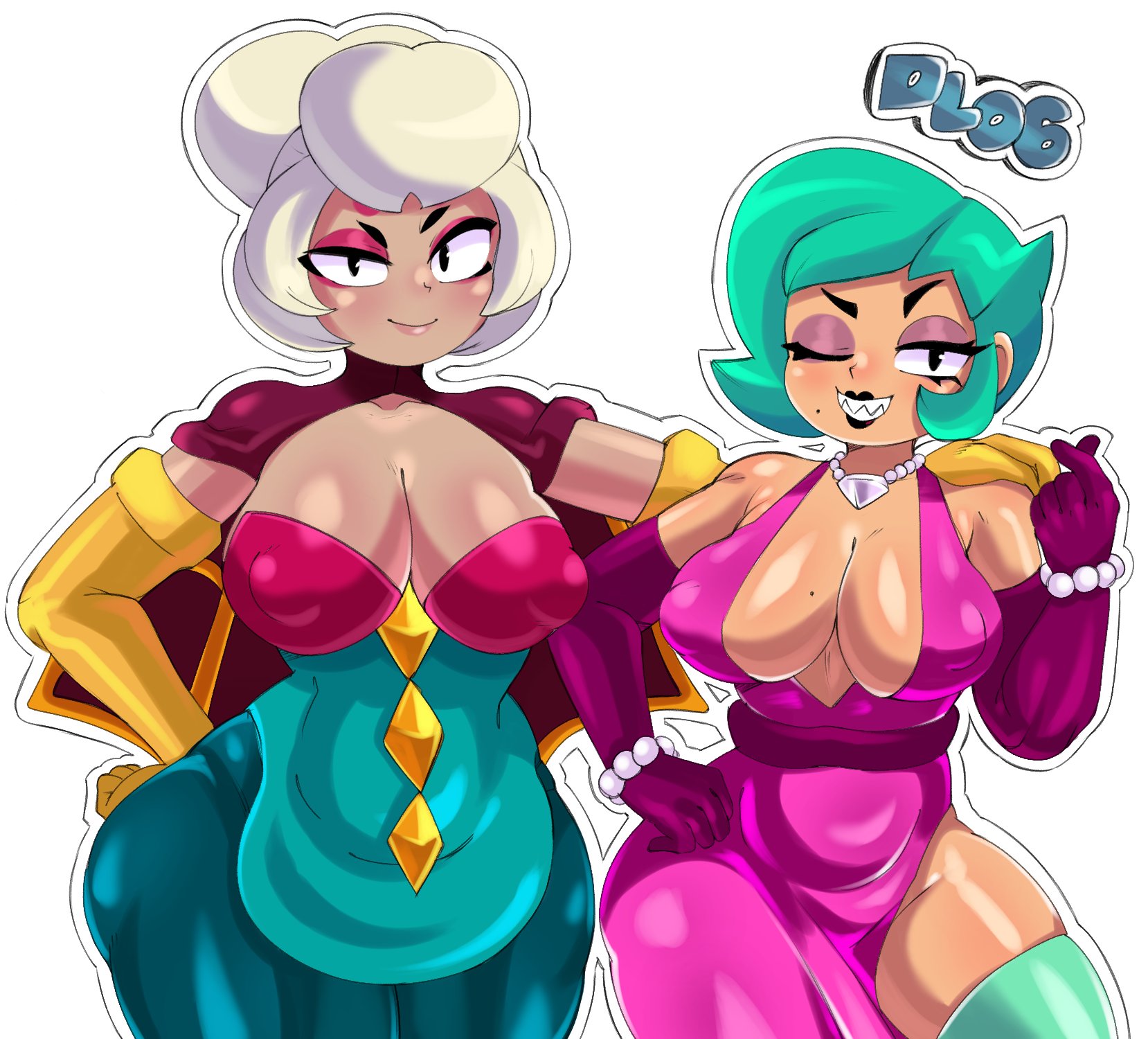 2024, 2girls, big breasts, blonde hair, bracelet, bracelets, brawl stars, breasts, busty, charlie (brawl stars), clothed, clothed female, clothing, curvaceous, curvy, curvy body, curvy female, curvy figure, curvy hips, dress, duo, duo focus, female, female focus, female only, front view, fully clothed, fully clothed female, gloves, green hair, jewelry, lipstick, lola (brawl stars), long gloves, long hair, looking at viewer, makeup, mature, mature female, milf, milfs, mole, mole under mouth, multiple females, multiple girls, sharp teeth, shiny, shiny clothes, shiny hair, shiny skin, smile, smiling, smiling at viewer, standing, supercell, svdielius, teeth, thick thighs, thighhighs, tight clothing, voluptuous, voluptuous female, wide hips
