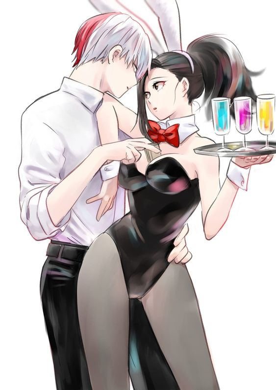 1boy boku_no_hero_academia bunny_girl bunnysuit drinks fanon_couple female hand_on_hip momo_yaoyorozu money_between_breasts my_hero_academia playboy_bunny ponytail shouto_todoroki todoroki_shouto yaoyorozu_momo