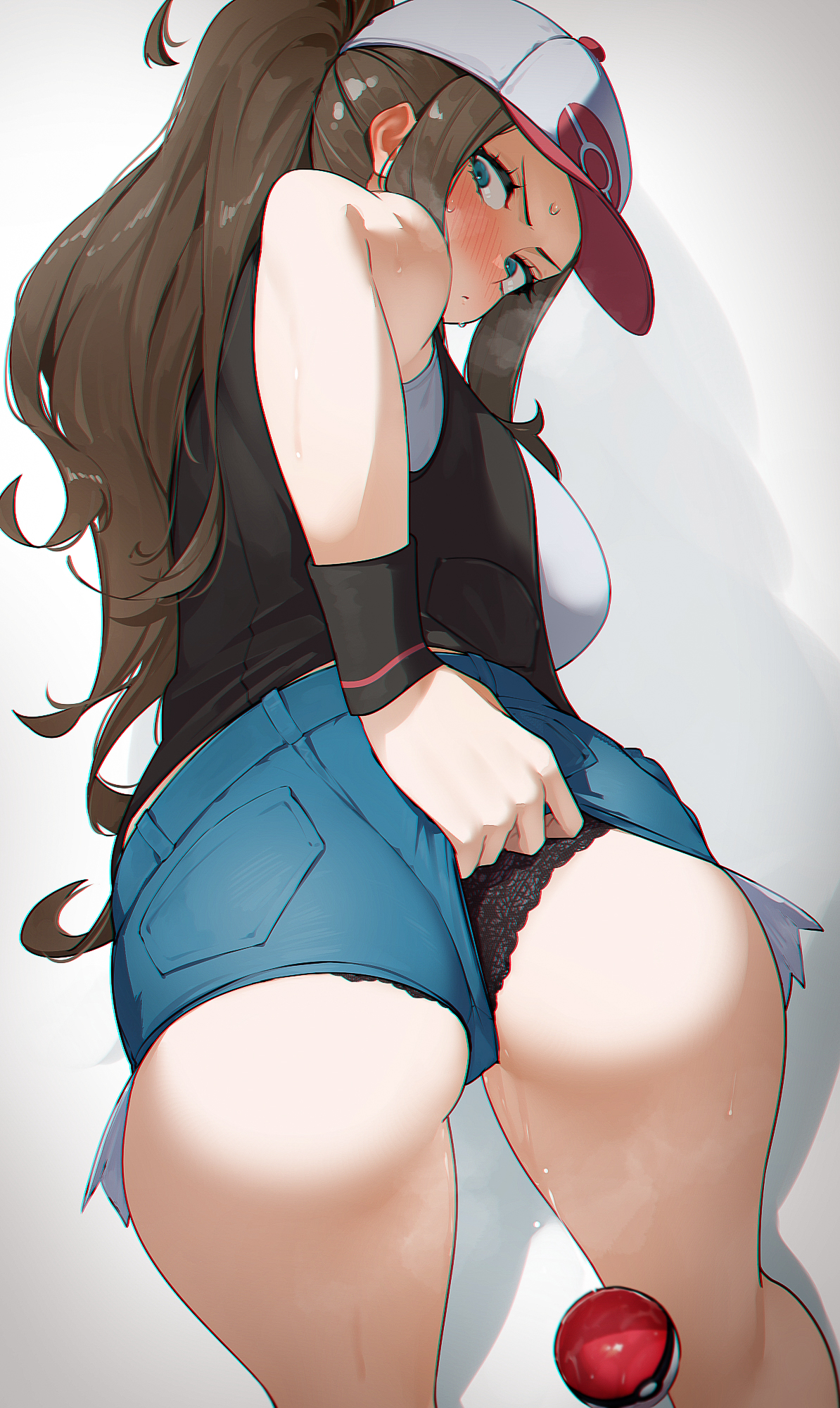 1girls, all fours, alternate breast size, ass, ass hanging out of shorts, blue eyes, blush, booty shorts, breasts, brown hair, bubble ass, bubble butt, denim shorts, female, hat, hi res, hilda (pokemon), hizake, jean shorts, kashu (hizake), large ass, large breasts, light skin, light-skinned female, long hair, nintendo, panties, pokemon, pokemon bw, ponytail, short shorts, shorts, solo
