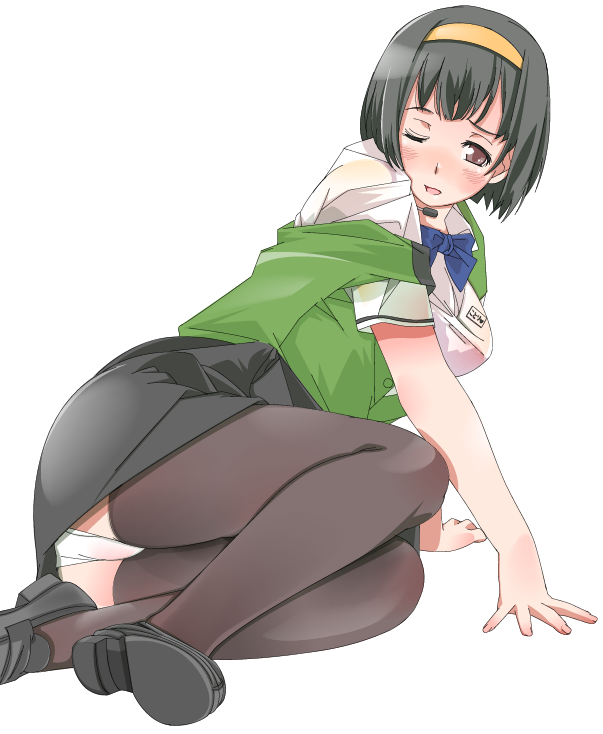 black_hair blush brown_eyes hairband idolmaster kotori_otonashi lying nanako_(artist) otonashi_kotori panties short_hair thighhighs underwear wink zettai_ryouiki zettai_ryouiki(skirt)