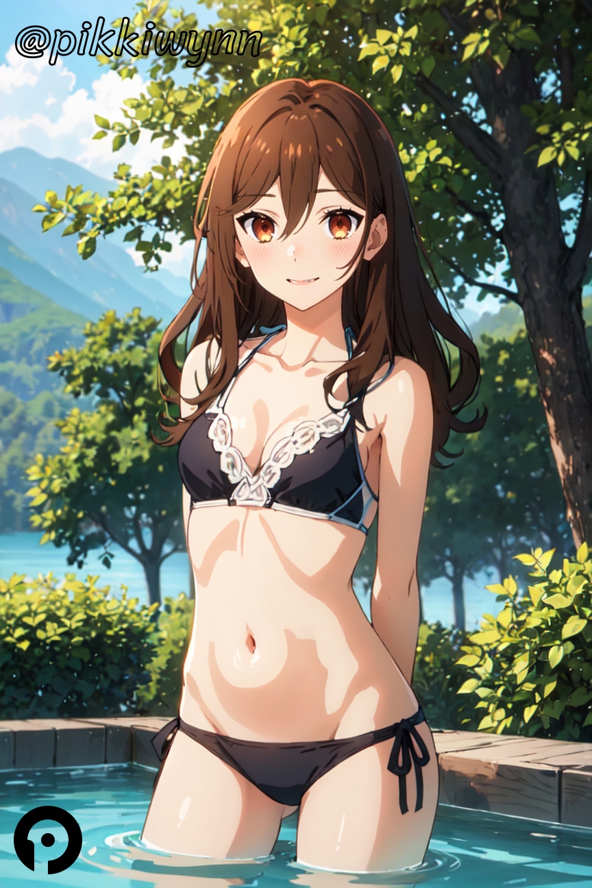 ai_generated arms_behind_back ass_visible_through_thighs bare_shoulders bikini black_bikini blush breasts brown_eyes brown_hair cleavage closed_mouth collarbone cowboy_shot day female groin hair_between_eyes halterneck hori_kyouko horimiya long_hair looking_at_viewer navel outdoors pikkiwynn side-tie_bikini_bottom small_breasts smile solo standing stomach string_bikini swimsuit tree wading water