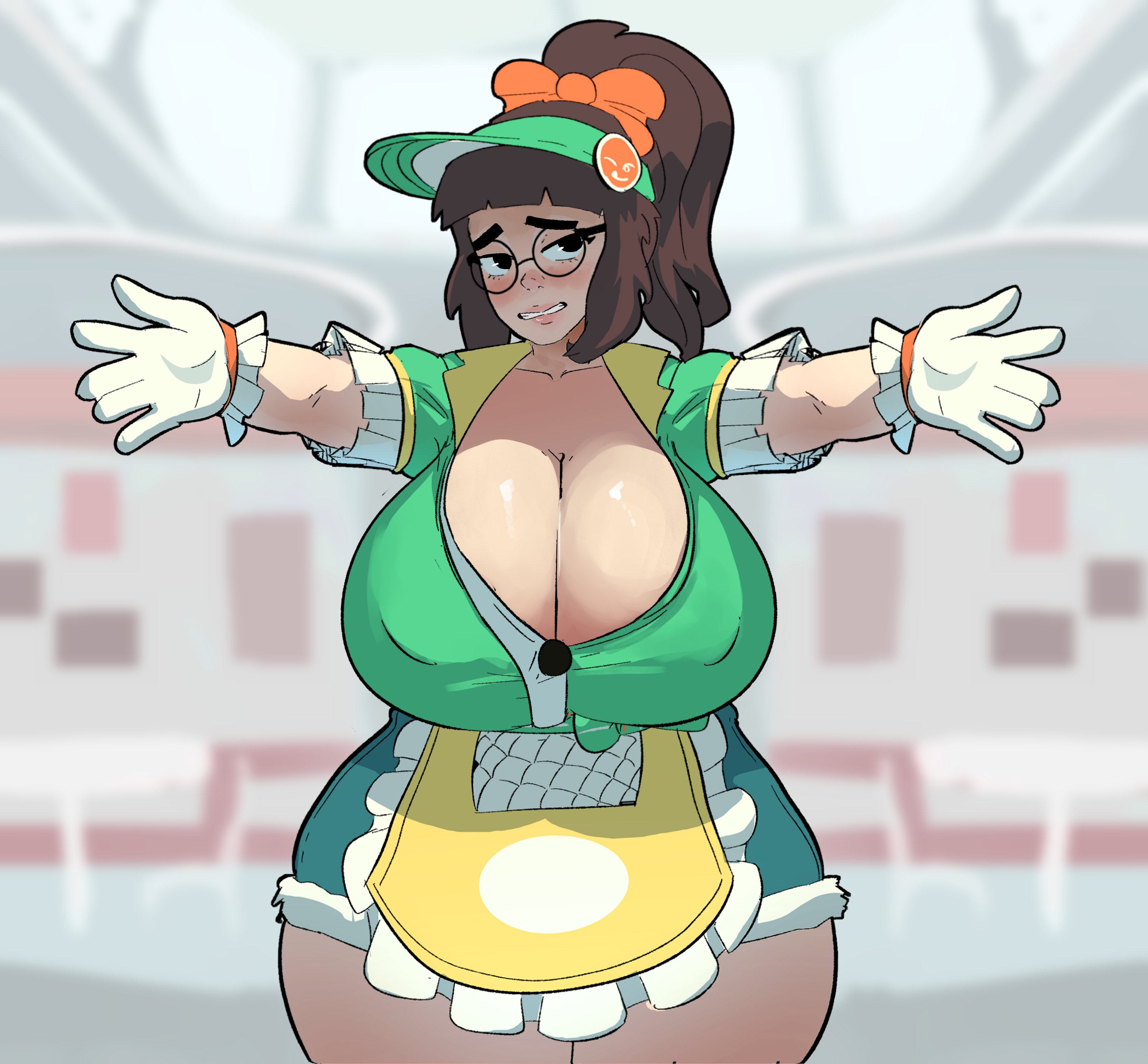 1girls, breast expansion, breast growth, breast growth (enlargement), breasts, cleavage, dand u, eyewear, female, fully clothed, glasses, hug, huge breasts, mei (overwatch), overwatch, overwatch 2, short shorts, solo, solo female