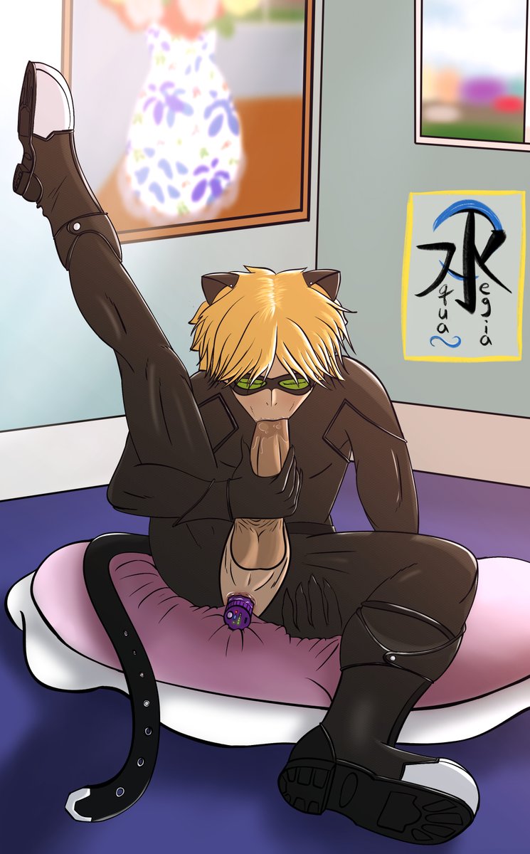 1boy 2022 adrien_agreste aqua_regia_arts artist_name autofellatio big_penis blonde_hair cat_ears cat_noir dildo dildo_in_ass fake_animal_ears green_eyes male male_only miraculous_ladybug pillow skinny solo watermark young