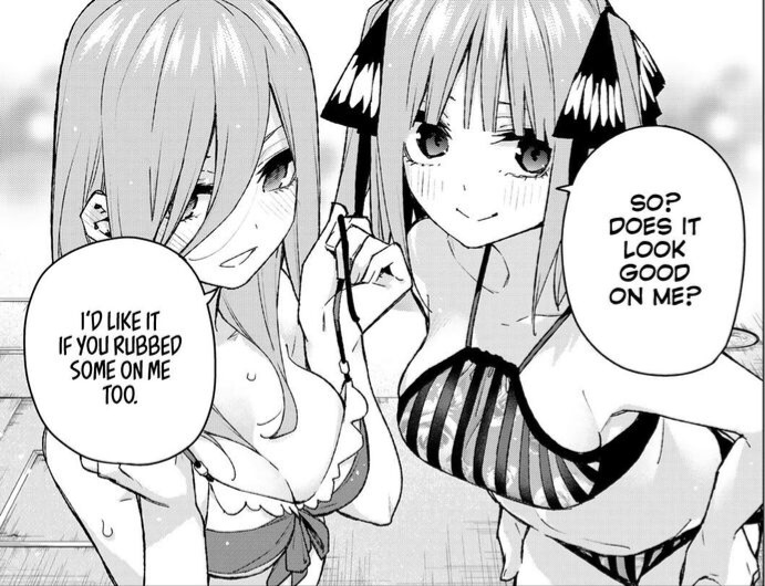 2girls bikini go-toubun_no_hanayome manga monochrome nakano_miku nakano_nino official_art siblings sisters sisters_(lore) swimsuit swimsuits