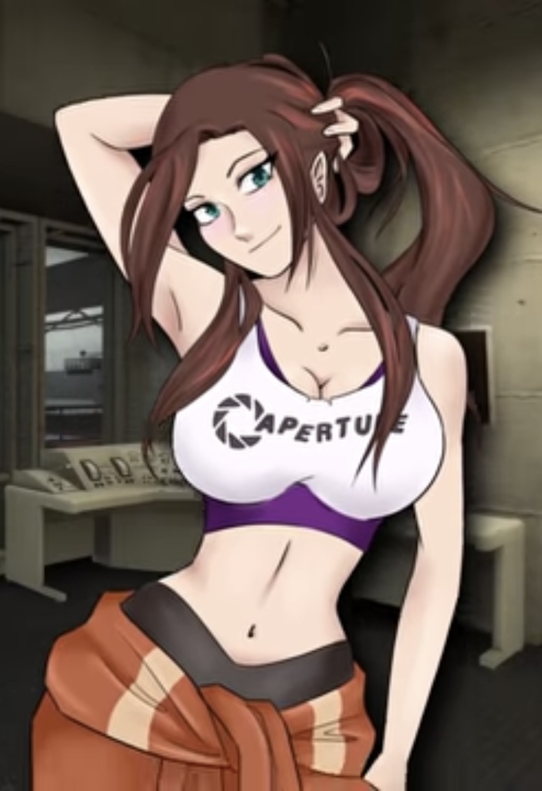 1girls, 2d, big breasts, blue eyes, breasts, brown hair, chell, exposed torso, female, female only, low res, low resolution, no artist, no source, portal (series), purple bra, shuckmeister, tied shirt