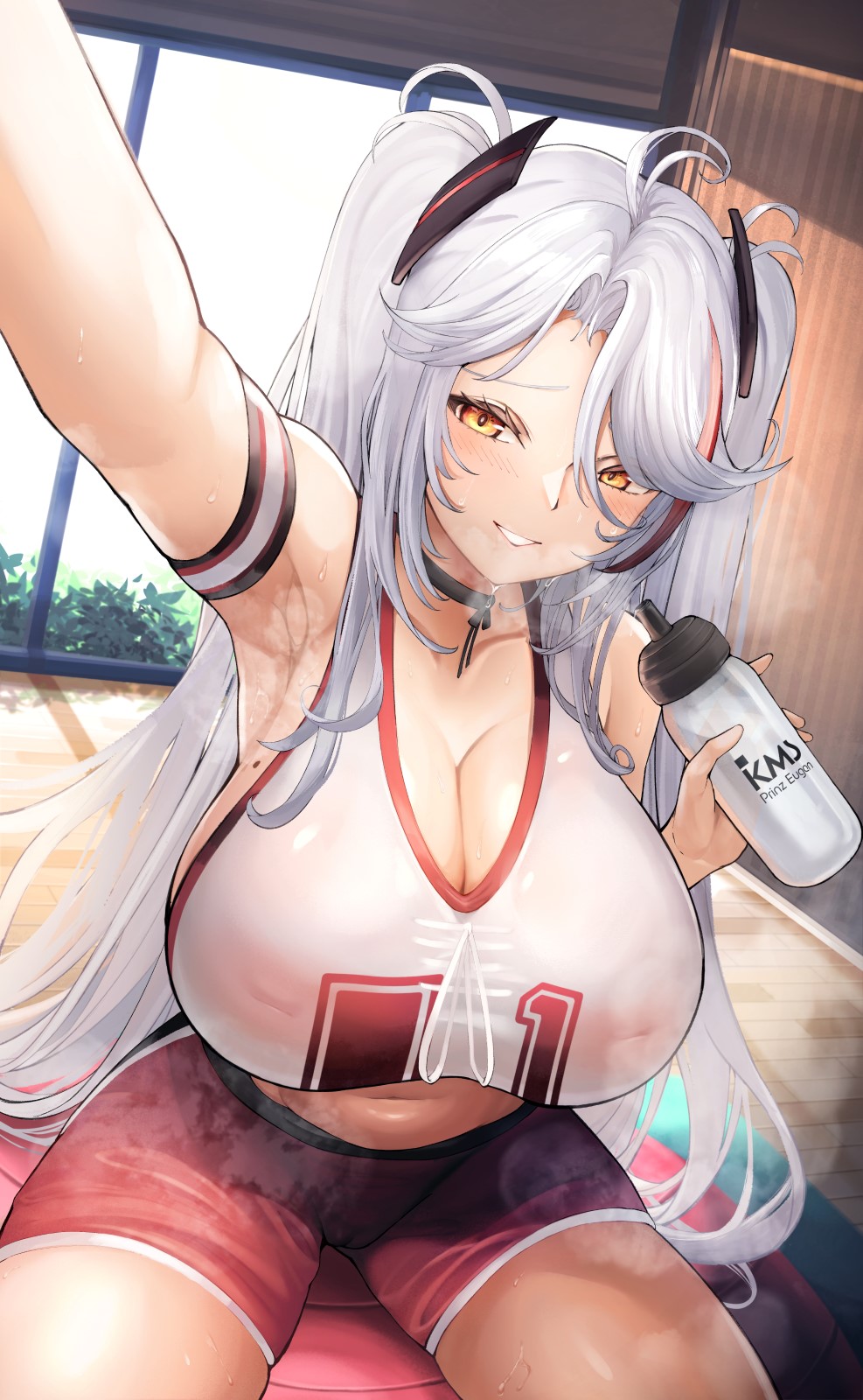 1girls azur_lane booty_shorts breasts cameltoe cleavage female huge_breasts iron_blood_(azur_lane) light-skinned_female light_skin long_hair naughty_face prinz_eugen_(azur_lane) prinz_eugen_(brilliant_touchdown)_(azur_lane) short_shorts shorts smile sports_bra sportswear thick_thighs twintails white_hair yusha_(m-gata)