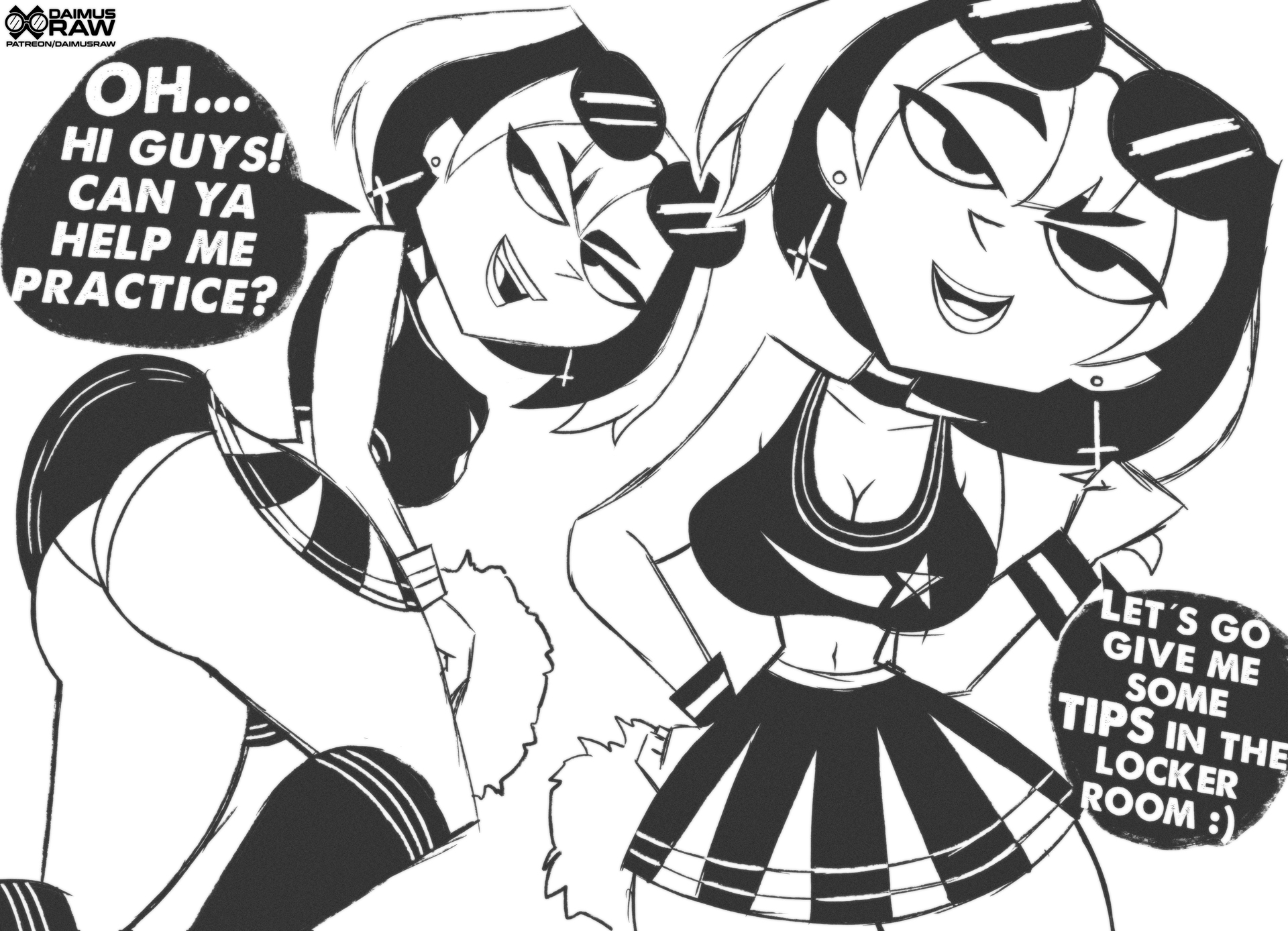breasts, cheerleader uniform, cleavage, daimusraw, english text, female, gwen (tdi), miniskirt, sketch, skirt, tagme, total drama island