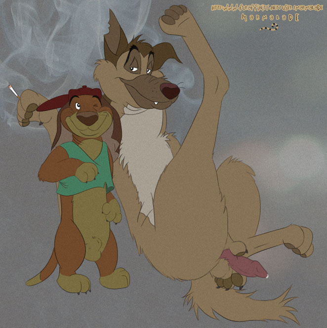 2boys all_dogs_go_to_heaven anthro canine charlie_barkin cigarette dachshund dog don_bluth duo feral furry german_shepherd hat itchy_itchiford male_only mammal penis semi-anthro shirt smoking tagme