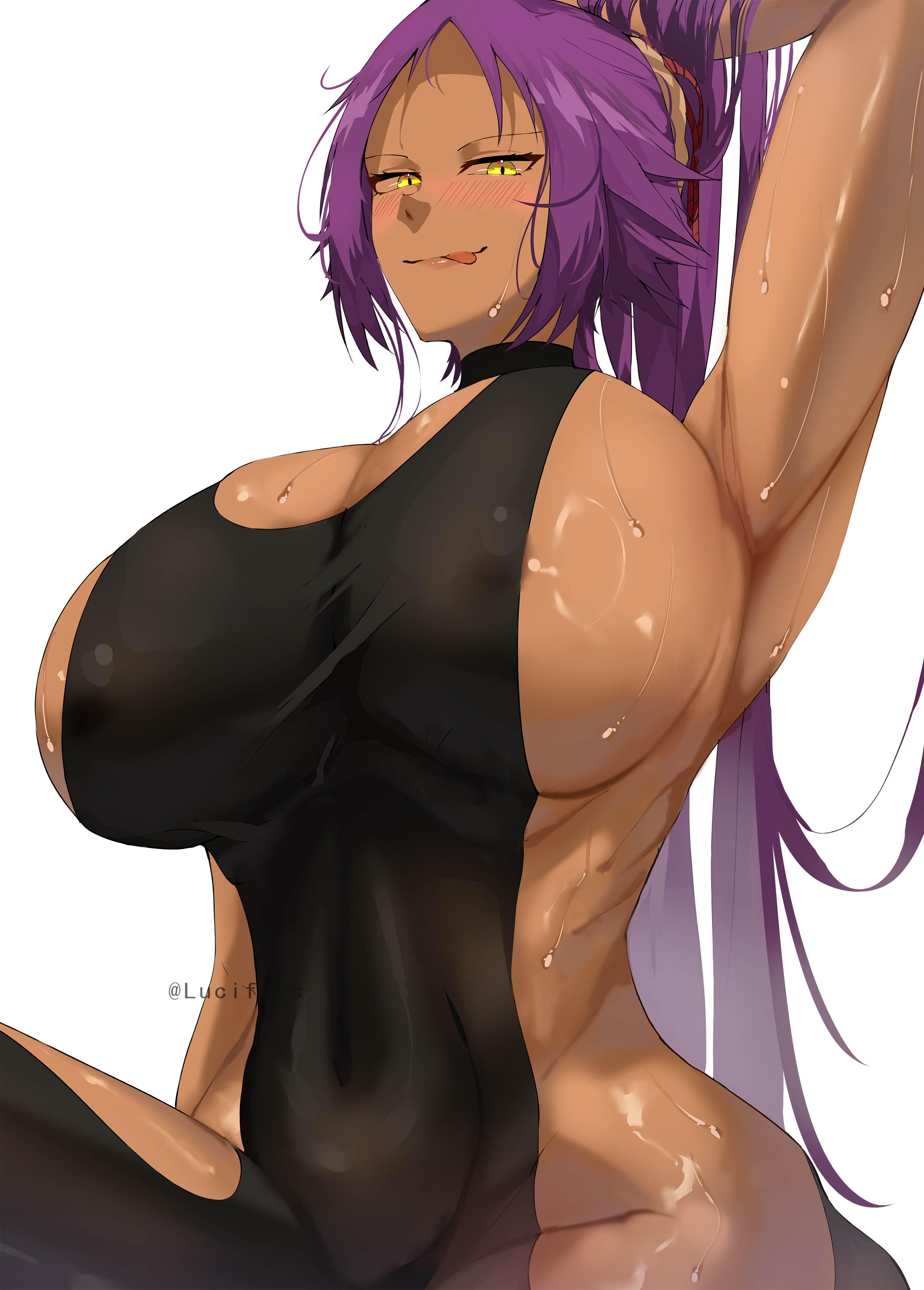 1girls, amber eyes, athletic, athletic female, bleach, blush, breasts, dark skin, dark-skinned female, female, female only, fit, fit female, hand in hair, huge breasts, licking lips, long hair, looking at viewer, lucifsys, purple hair, revealing clothes, revealing dress, shihouin yoruichi, sweat, voluptuous