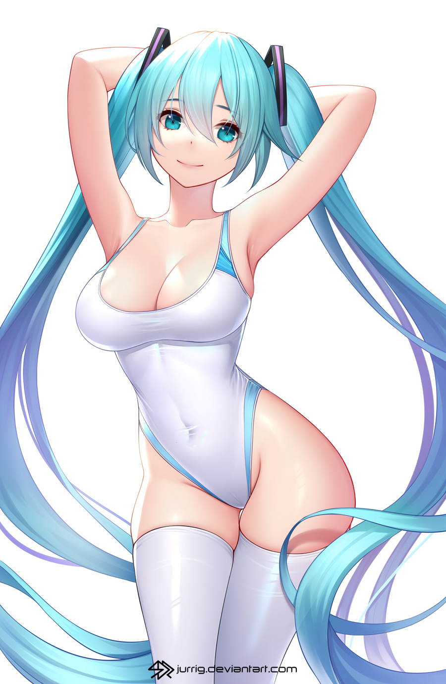 1girls armpits arms_above_head arms_behind_head bare_arms bare_shoulders bare_skin bare_thighs belly belly_button blue_eyes blue_eyes_female blue_hair blue_hair_female breasts cleavage collarbone dot_nose elbows female female_focus female_only groin hair_between_eyes hands_above_head hands_behind_head hatsune_miku hourglass_figure legs legs_together light-skinned_female light_skin lips long_hair looking_at_viewer medium_breasts navel one-piece_swimsuit shoulders simple_background slender_body slender_waist slim_girl slim_waist smile smiling smiling_at_viewer socks solo standing swimsuit swimwear thick_thighs thigh_socks thighhighs thighs thin_waist twintails upper_body v-line very_long_hair vocaloid white_background white_socks white_swimsuit white_swimwear white_thighhighs