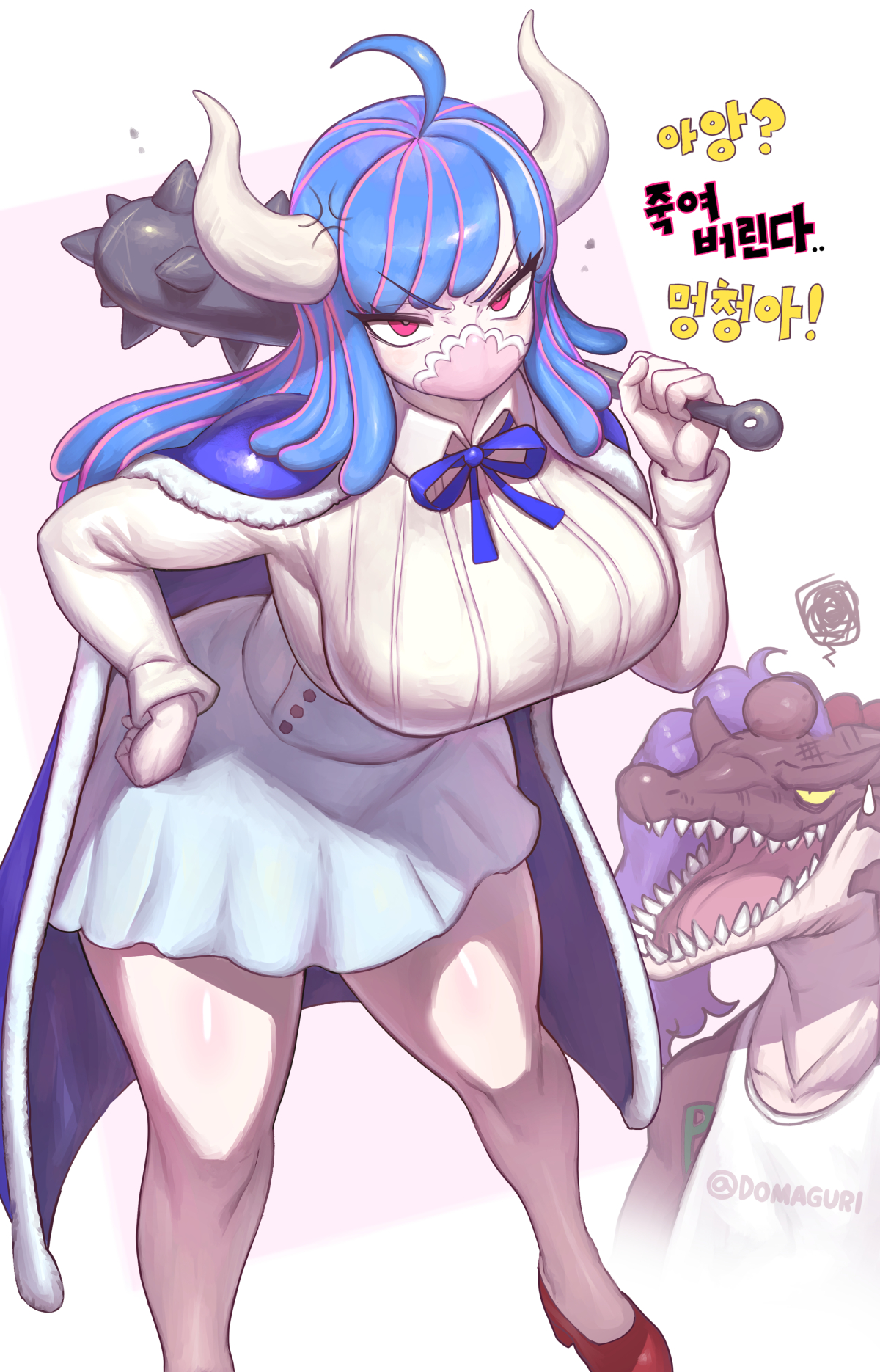 1boy, 1girls, angry, angry face, big breasts, blue hair, blue-haired female, breasts, clothed, clothing, color, dinosaur, domaguri, female, hi res, horns, large breasts, light skin, light-skinned female, long hair, looking at viewer, male, male/female, mask, multicolored hair, one piece, pink eyes, shounen jump, tagme, thick thighs, ulti (one piece), weapon