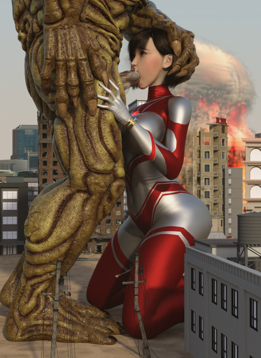 3d alien alien_girl alien_humanoid blowjob breasts building building_destruction building_sex city female heroine human losing losing_fight rape sucking_penis tight_clothing ultraman_(franchise) ultrawoman ultrawoman_katia