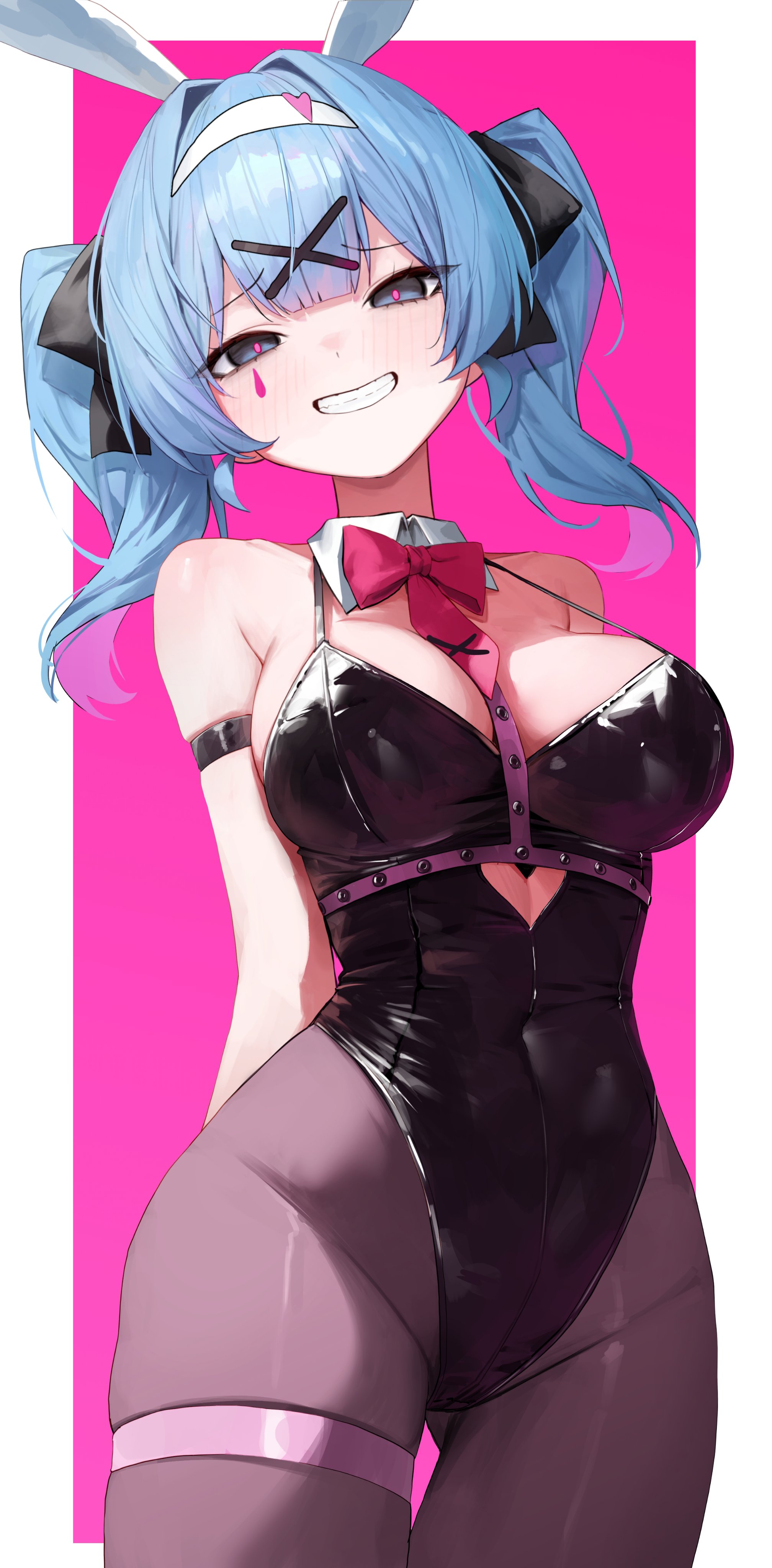 1girl, animal ears, arm strap, arms behind back, bangs, bare shoulders, black leotard, black ribbon, blue eyes, blue hair, blush, bow, bowtie, breasts, cleavage, cowboy shot, detached collar, facial mark, fake animal ears, female, grin, hair ornament, hair ribbon, hairband, hatsune miku, heart, heart-shaped pupils, large breasts, leotard, long hair, looking at viewer, pantyhose, pink background, playboy bunny, rabbit ears, rabbit hole (vocaloid), ribbon, simple background, smile, solo, symbol-shaped pupils, teeth, thigh strap, twintails, virtual youtuber, vocaloid, x hair ornament
