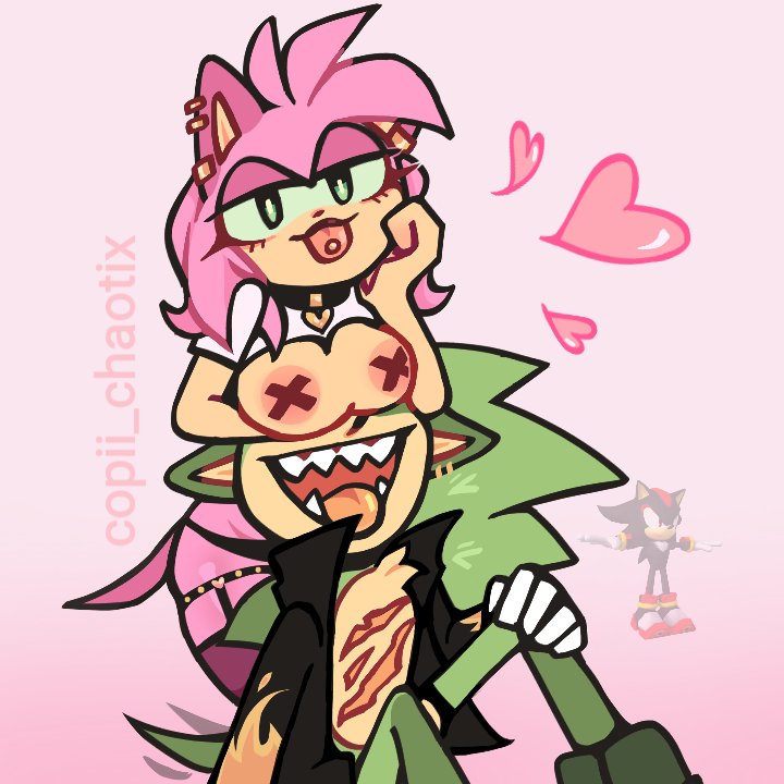 amy_rose big_breasts breasts breasts_on_head collar copii_chaotix ear_piercing earrings female furry garter_straps gloves green_fur leather_jacket male multiple_boys pink_fur rosy_the_rascal_(archie) scar scourge_the_hedgehog sega shadow_the_hedgehog sharp_teeth shoes sonic_(series) sonic_the_hedgehog_(archie) thighhighs thong tongue_out tongue_piercing