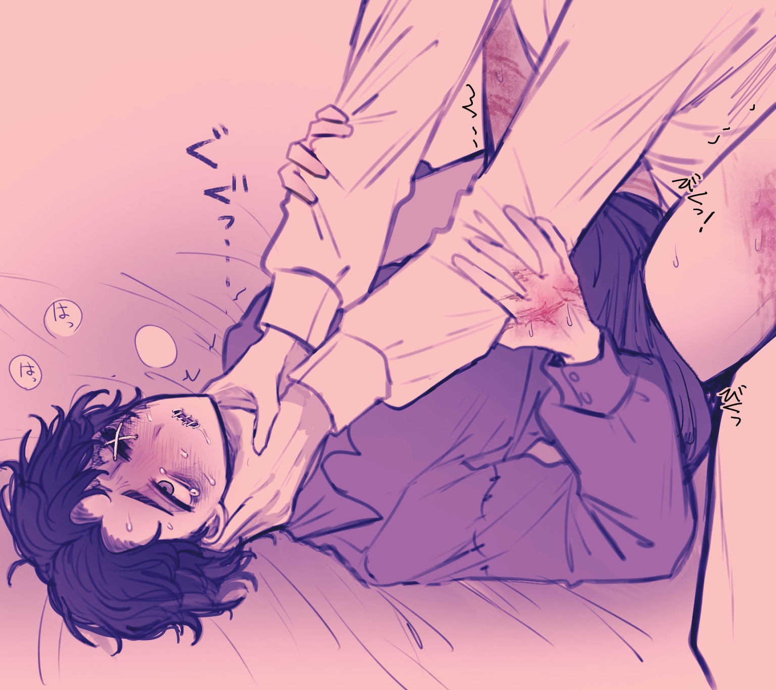 2boys, anal, blood, blush, gay, identity v, lying, male, matthias czernin, missing eye, on back, sex, shirt, short hair, strangling, tendenbarabara, yaoi