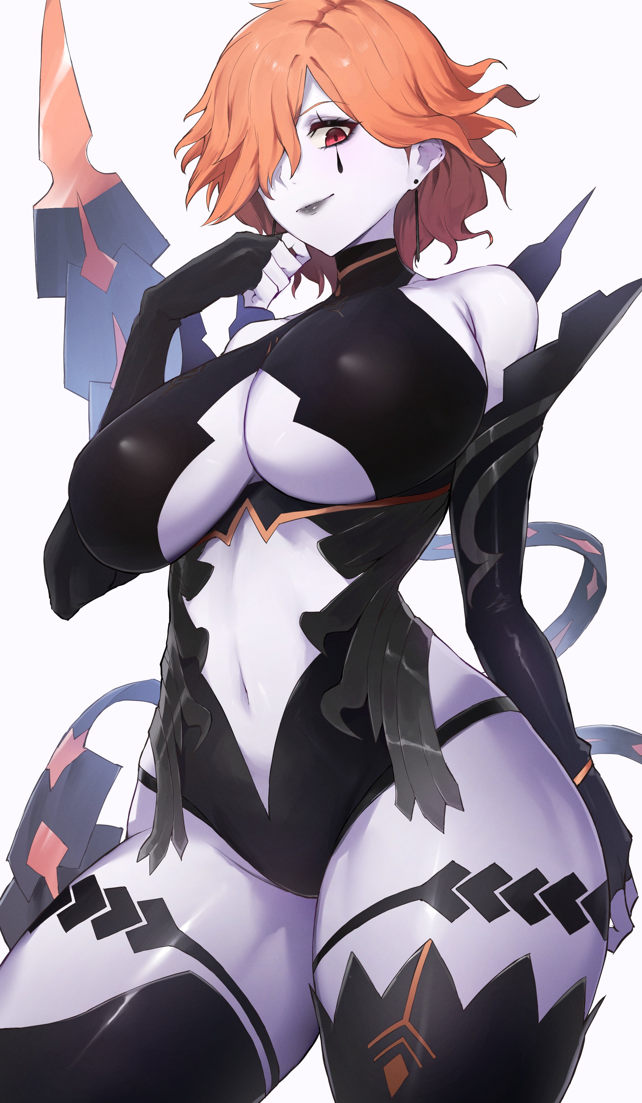 1girls, breasts, female, female only, fire emblem, fire emblem: three houses, goth, kataku musou, kronya (fire emblem), large breasts, light skin, light-skinned female, looking at viewer, nintendo, orange hair, pale skin, pale-skinned female, red eyes, solo, thick thighs, thighs, underboob, wide hips