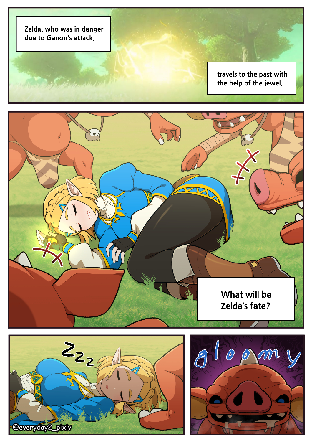 1girls, artist name, blonde hair, bokoblin, braid, breasts, clothed, clothing, comic, comic page, english text, everyday2, female, french braid, hairclip, imminent rape, imminent sex, jpeg, large breasts, light skin, light-skinned female, lowres, monster, nintendo, panels, pointy ears, princess zelda, sleeping, tears of the kingdom, text, the legend of zelda, zelda (tears of the kingdom)