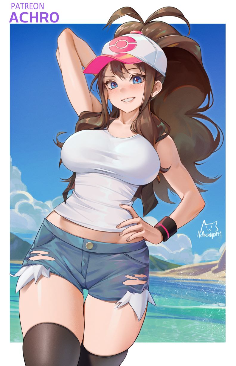 1girls achromaru blue_eyes booty_shorts breasts brown_hair denim_shorts female game_freak hat hilda_(pokemon) huge_breasts long_hair long_ponytail nintendo pokemon pokemon_bw ponytail short_shorts shorts thick_thighs tomboy torn_clothes torn_pants wholesome wide_hips