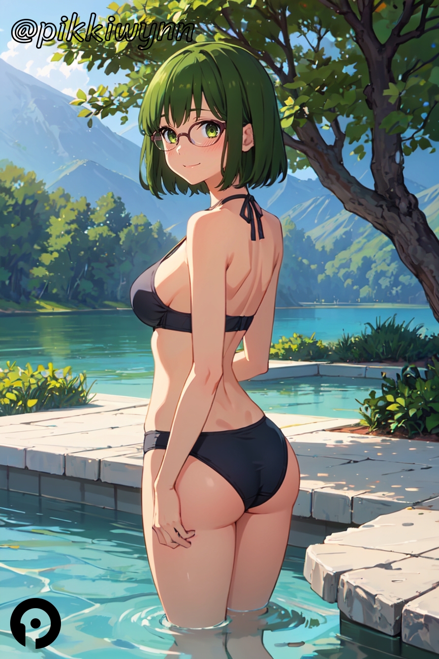 ai_generated ass back bangs bare_arms bare_shoulders bikini black_bikini blush breasts closed_mouth day female from_behind glasses green_eyes green_hair halterneck hori-san_to_miyamura-kun horimiya kouno_sakura looking_at_viewer looking_back medium_breasts outdoors pikkiwynn short_hair smile solo standing swimsuit tree wading water