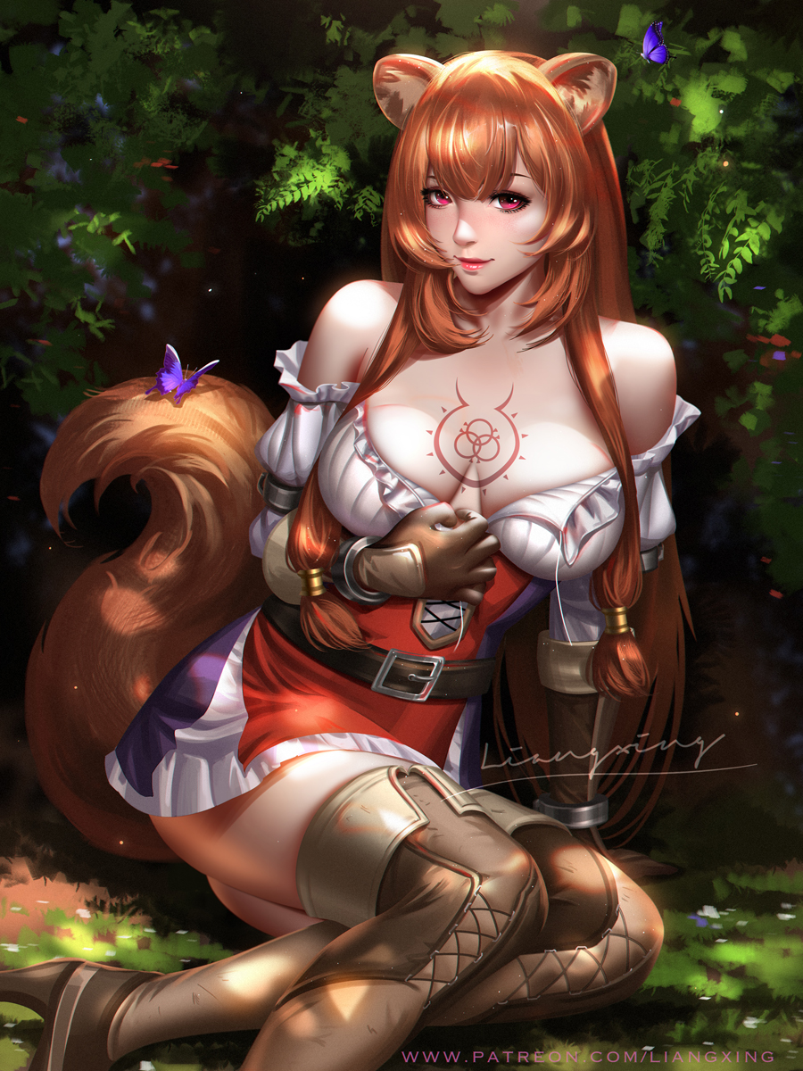 brown_hair cleavage liang_xing looking_at_viewer no_bra raphtalia red_eyes seductive slave slave_crest soft_breasts tail tate_no_yuusha_no_nariagari