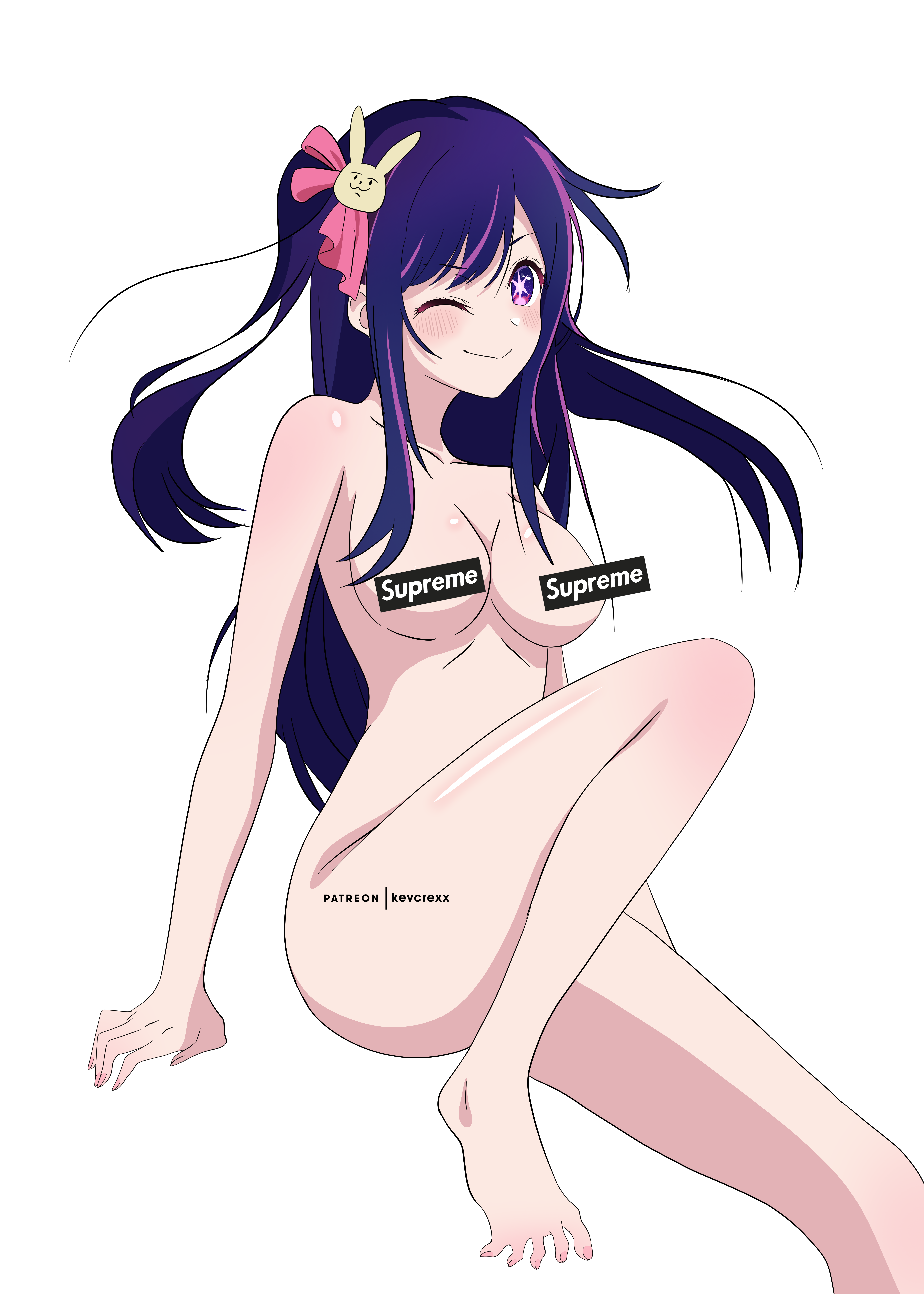 1girls, absurd res, absurdres, bare arms, bare ass, bare breasts, bare chest, bare legs, bare midriff, bare shoulders, bare skin, bare thighs, barefoot, blush, blush lines, breasts, censored, censored nipples, cleavage, collarbone, completely naked, completely nude, dot nose, feet, female, female focus, female only, fingernails, fingers, full body, hair ornament, high resolution, highres, hoshino ai, hourglass figure, kevcrexx, knee up, knees, leg up, legs, light skin, light-skinned female, long hair, medium breasts, naked, naked female, nude, nude female, one eye closed, oshi no ko, pink fingernails, pink nails, pink toenails, purple eyes, purple hair, purple-eyed female, purple-haired female, shoulders, sideboob, sidelocks, simple background, sitting, slender body, slender waist, slim female, slim waist, smile, smiling, solo, spread toes, student, thick thighs, thighs, thin waist, toes, underboob, white background, wide hips