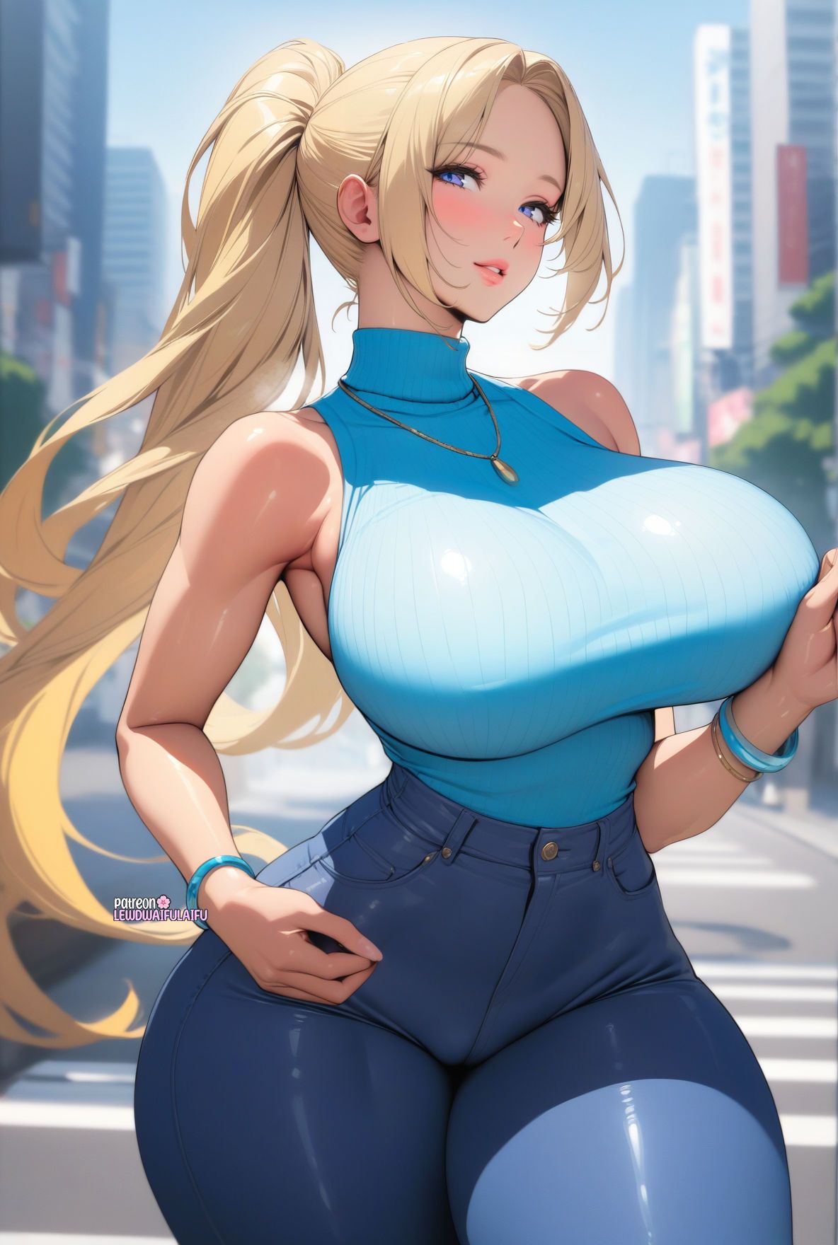1girls, ai generated, blonde hair, blue eyes, blush, breasts, female, hourglass figure, huge breasts, jeans, lewdwaifulaifu, looking at viewer, slim waist, thick thighs, tight clothing, tight pants