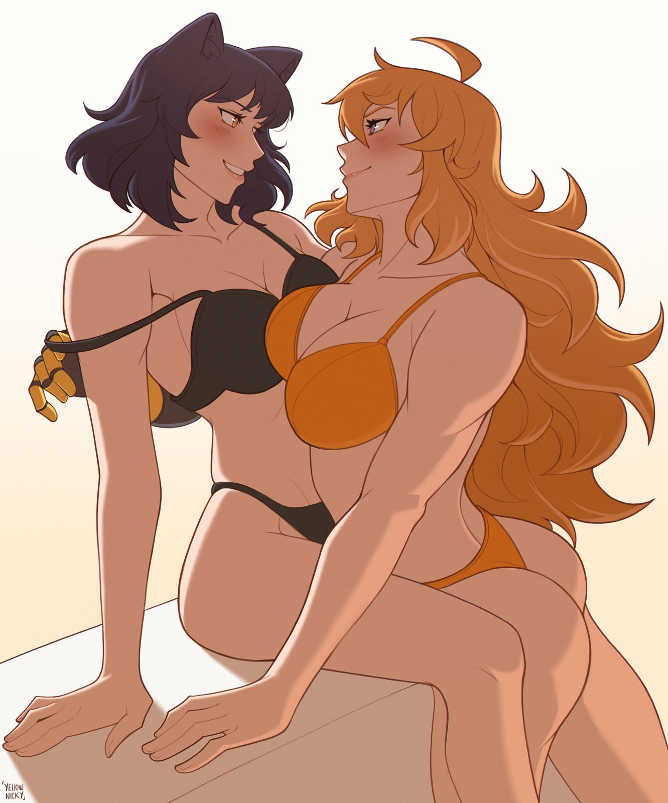 black_hair blake_belladonna blonde_hair canon_couple gold_eyes lavender_eyes lesbian rwby yang_xiao_long yellow_nicky_(artist)