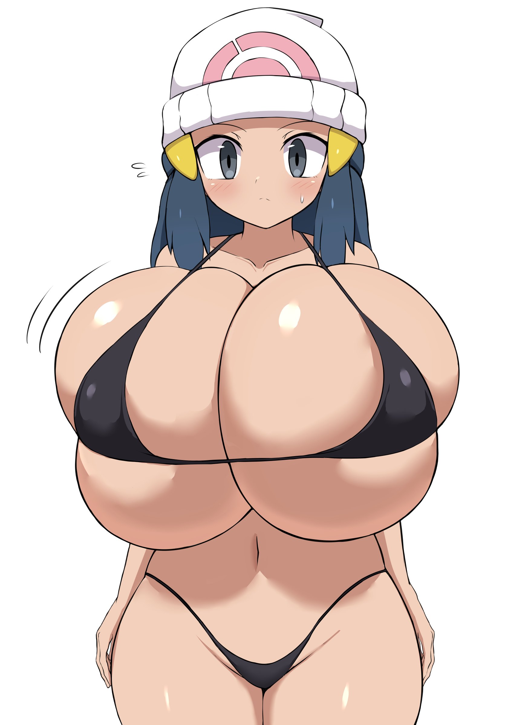 big breasts, bikini, black bikini, blush, breasts, breasts bigger than head, dawn (pokemon), female, huge breasts, human, jaga334, jpeg, looking at viewer, pokemon, pokemon dppt