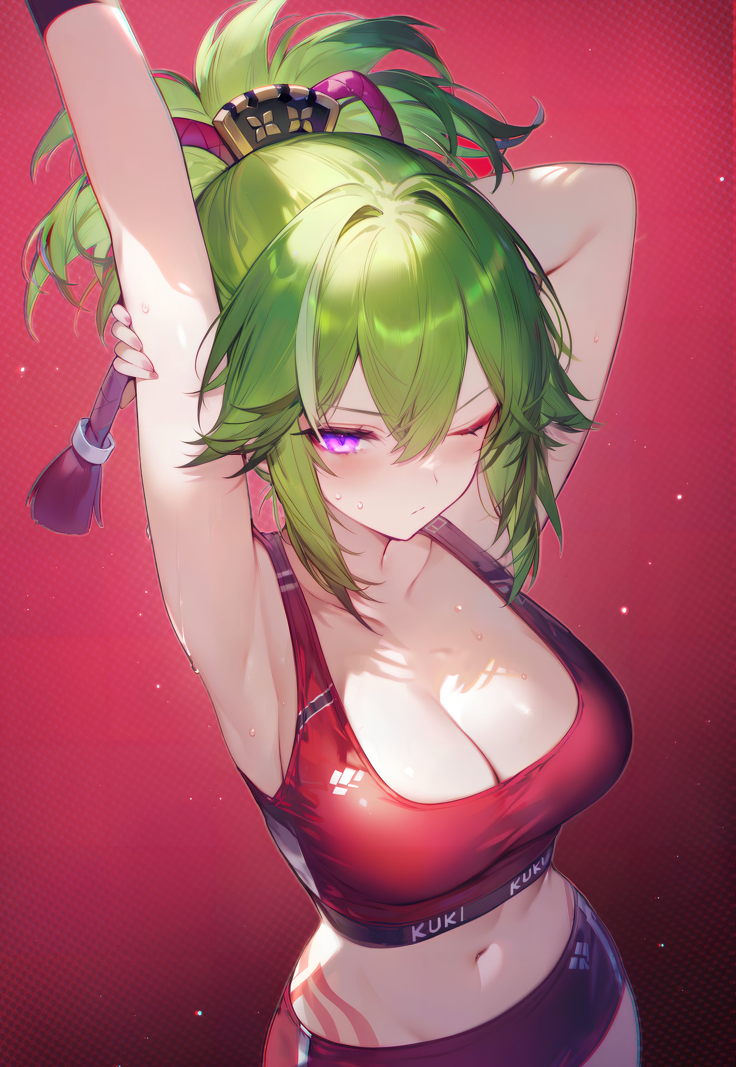 armpits, big breasts, breasts, cleavage, diffirresponsibly, female, female focus, female only, from above, genshin impact, green hair, gym clothes, highres, kuki shinobu, large breasts, light skin, light-skinned female, looking at viewer, one eye closed, ponytail, purple eyes, short ponytail, shorts, simple background, solo female, sportswear, standing