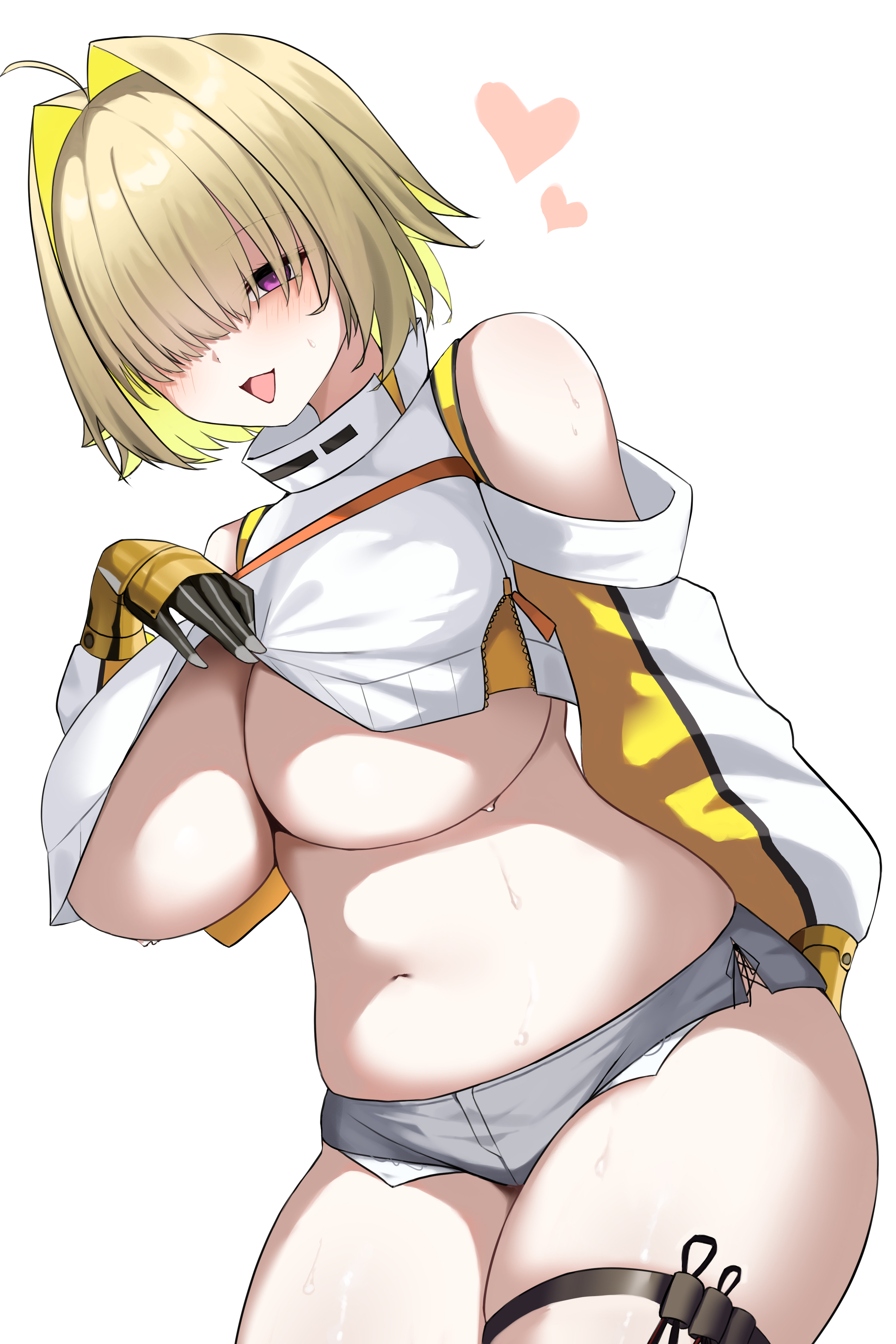 1girls, ahoge, bare shoulders, belly, belly button, blonde hair, blush, breasts, elegg (nikke), female, female only, goddess of victory: nikke, hair over eyes, large breasts, open mouth, purple eyes, shirt lift, short shorts, shorts, sweat, thick thighs, thigh strap, underboob, white background
