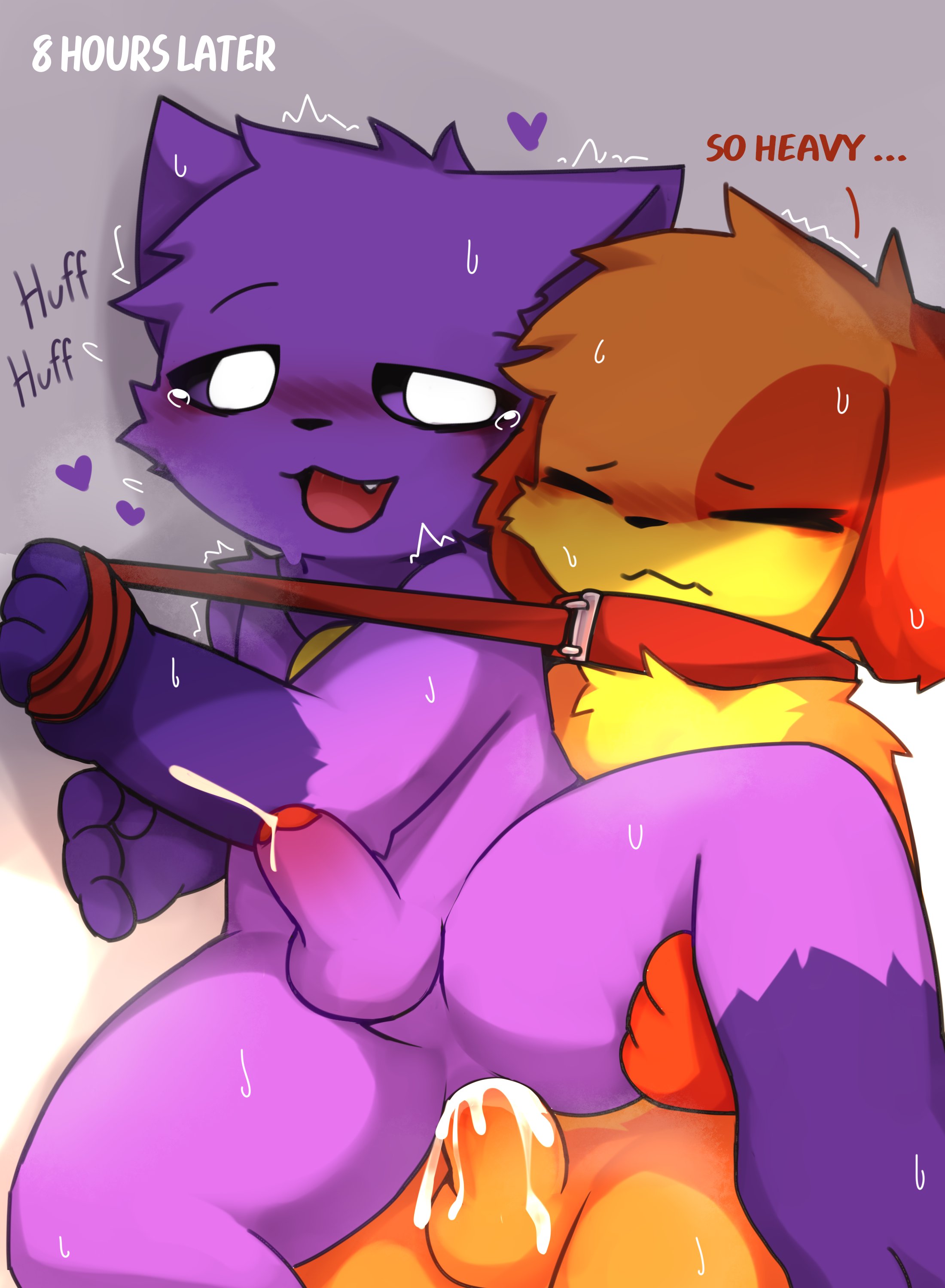 2boys, anal, anal sex, animal penis, anthro, anthro on anthro, anthro only, anus, artist request, ass, blush, canine, cat, cat boy, cat ears, cat tail, catboy, catnap, catnap (poppy playtime), collar, critters (poppy playtime), cum, cum in ass, cum inside, cute, dialogue, dog, dog boy, dog collar, dog ears, dog tail, dogday, dogday (poppy playtime), doggy, domestic cat, domestic dog, feline, fur, furry, furry only, gay, male, no humans, orange fur, orange skin, penetration, penis, penis in ass, poppy playtime, poppy playtime (chapter 3), purple body, purple fur, purple skin, sex, smiling critters, sweatdrop, tagme, tail, text