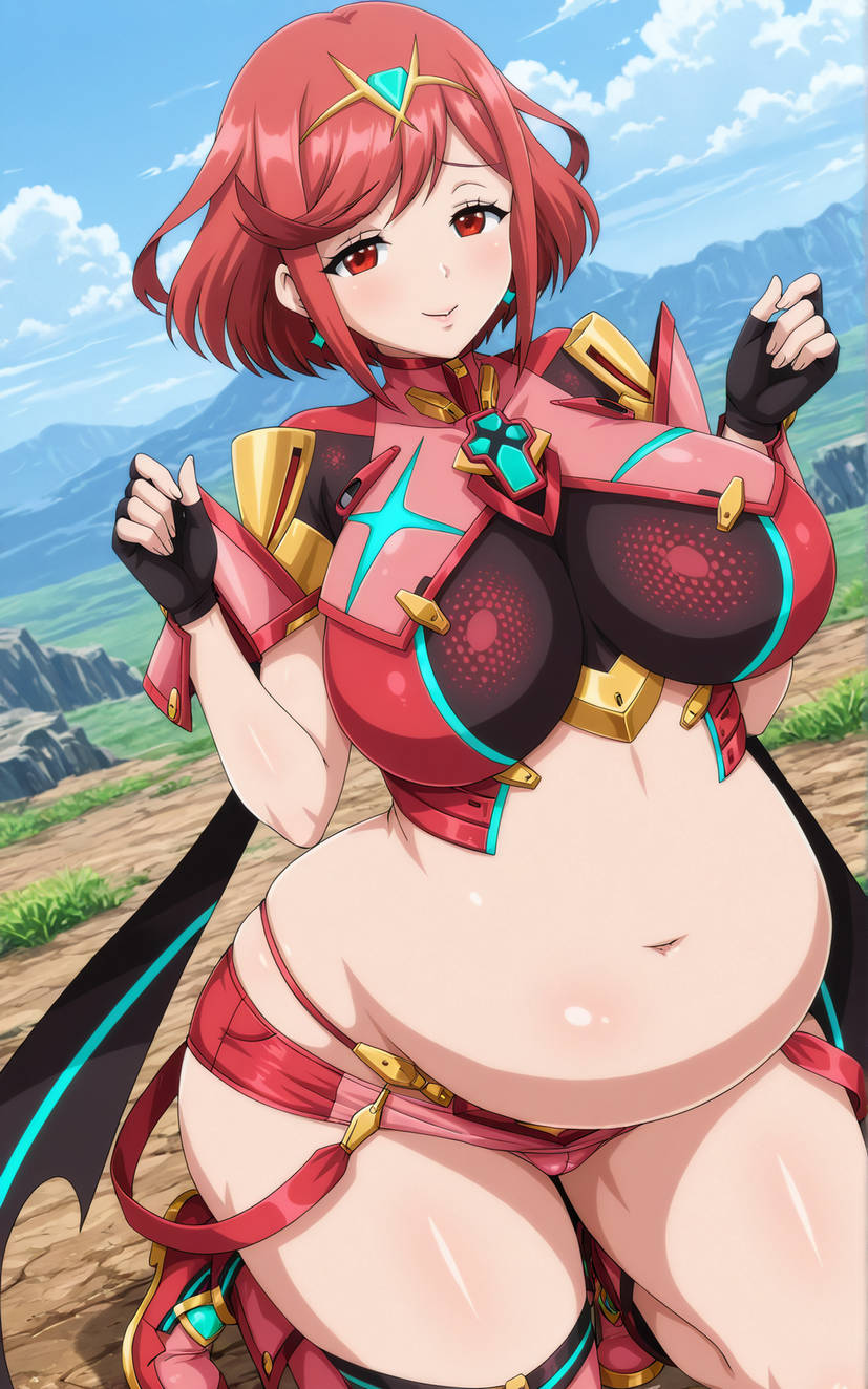 ai_generated big_belly big_breasts blush busty crop_top curvy female female female_only full_body hi_res highres huge_belly kneeling midriff monolith_soft nintendo outdoors pyra pyra_(xenoblade) red_eyes red_hair seraphim_ai short_skirt skirt smile solo stable_diffusion thick_thighs xenoblade_(series) xenoblade_chronicles_(series) xenoblade_chronicles_2