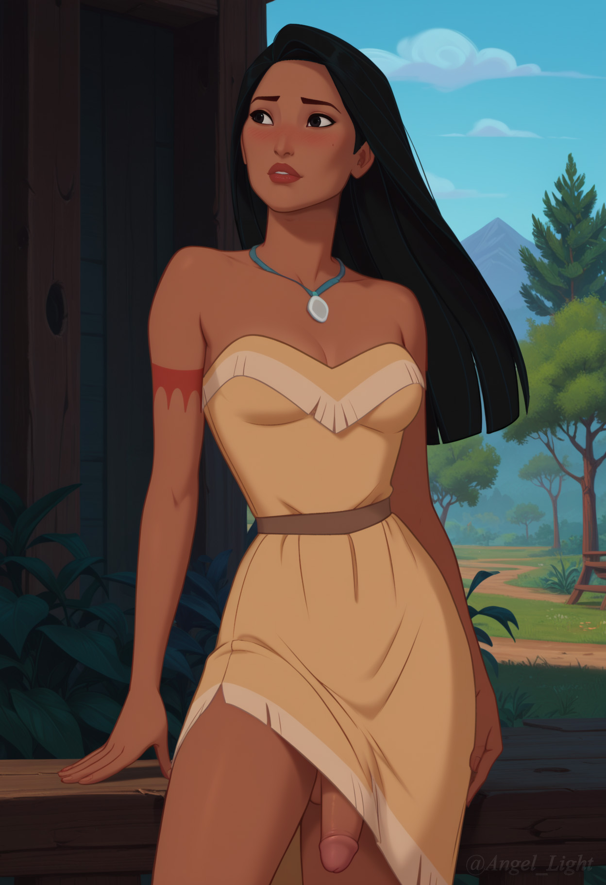 1futa, 1girls, ai generated, angel light, angel light (artist), black hair, dickgirl, disney, disney princess, dress, female, futanari, intersex, penis, pocahontas, pocahontas (character), princess