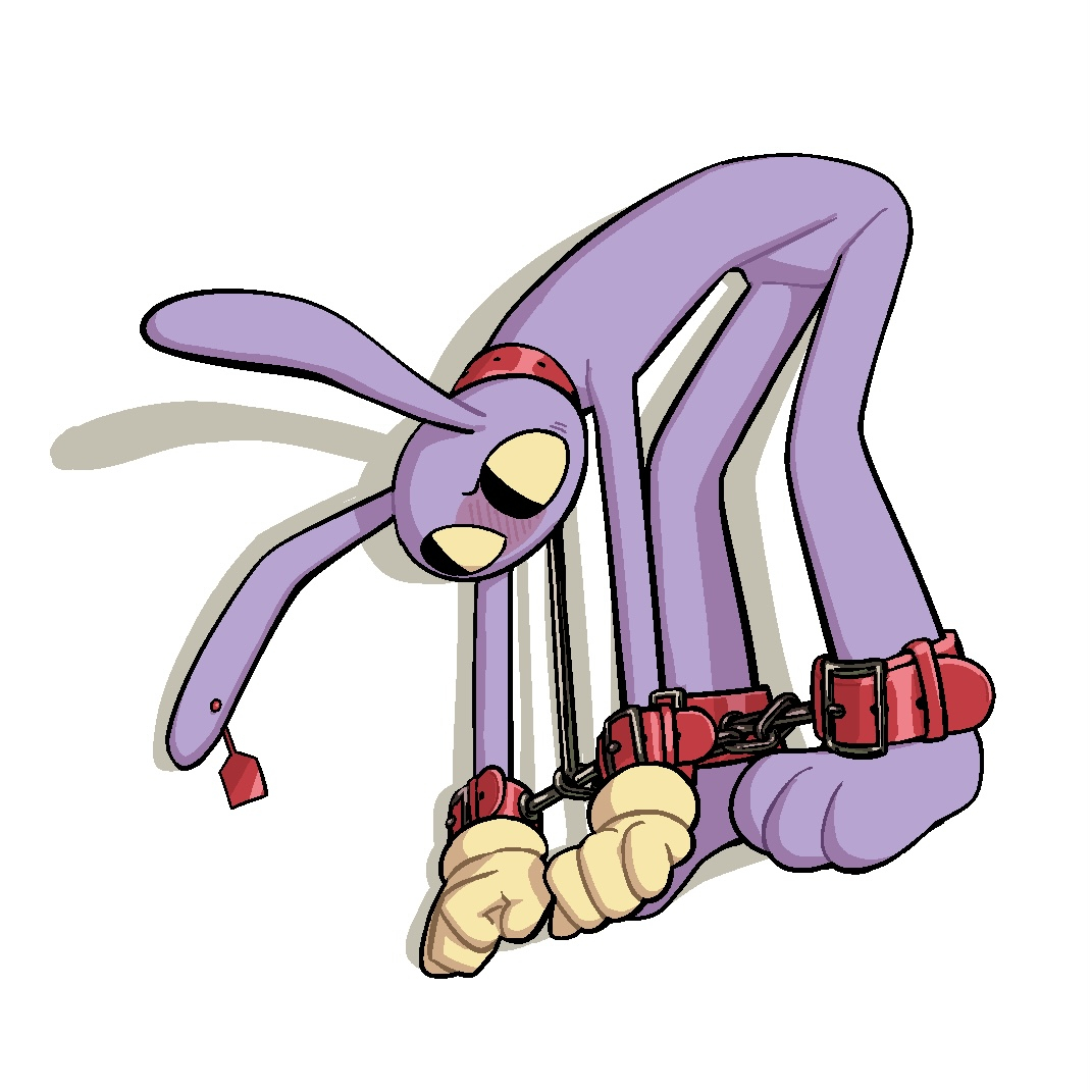 1boy, anthro, bent over, blush, bondage, cuffs, fur, furry, glitch productions, humanoid, jax (the amazing digital circus), male, male only, paws, purple fur, purple skin, rabbit, rabbit ears, solo, straps, the amazing digital circus, yellow eyes, yellow gloves, yellow sclera