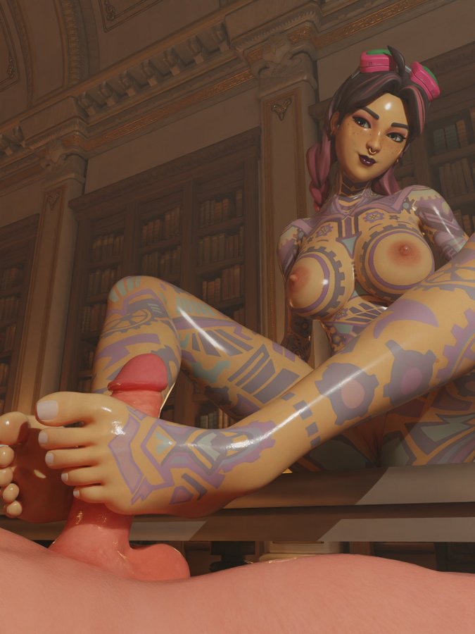 3d feet footjob fortnite jules_(fortnite) medium_breasts oiled_body oiled_feet pussy tattoos