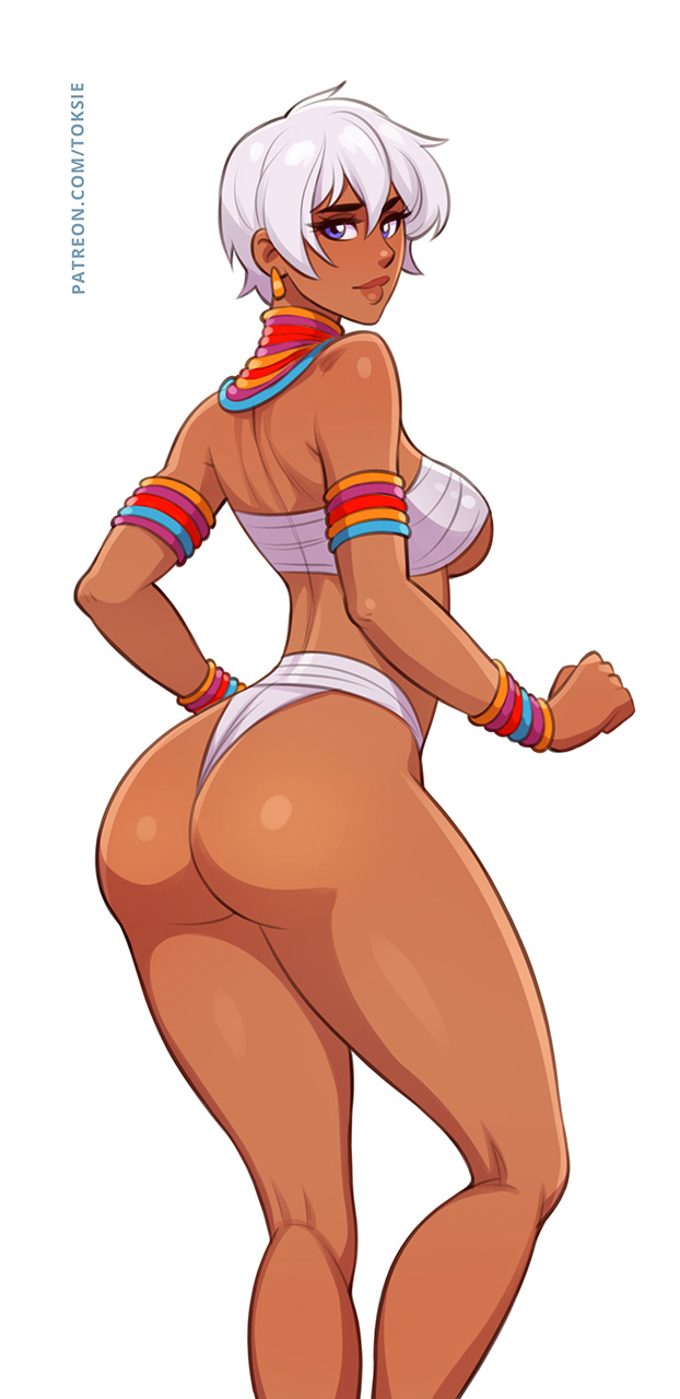 1girls 2d 2d_(artwork) ass ass_focus bracelet breasts capcom elena_(street_fighter) female female_focus female_only looking_at_viewer necklace simple_background solo solo_female solo_focus street_fighter tan_skin toksie underboob white_hair