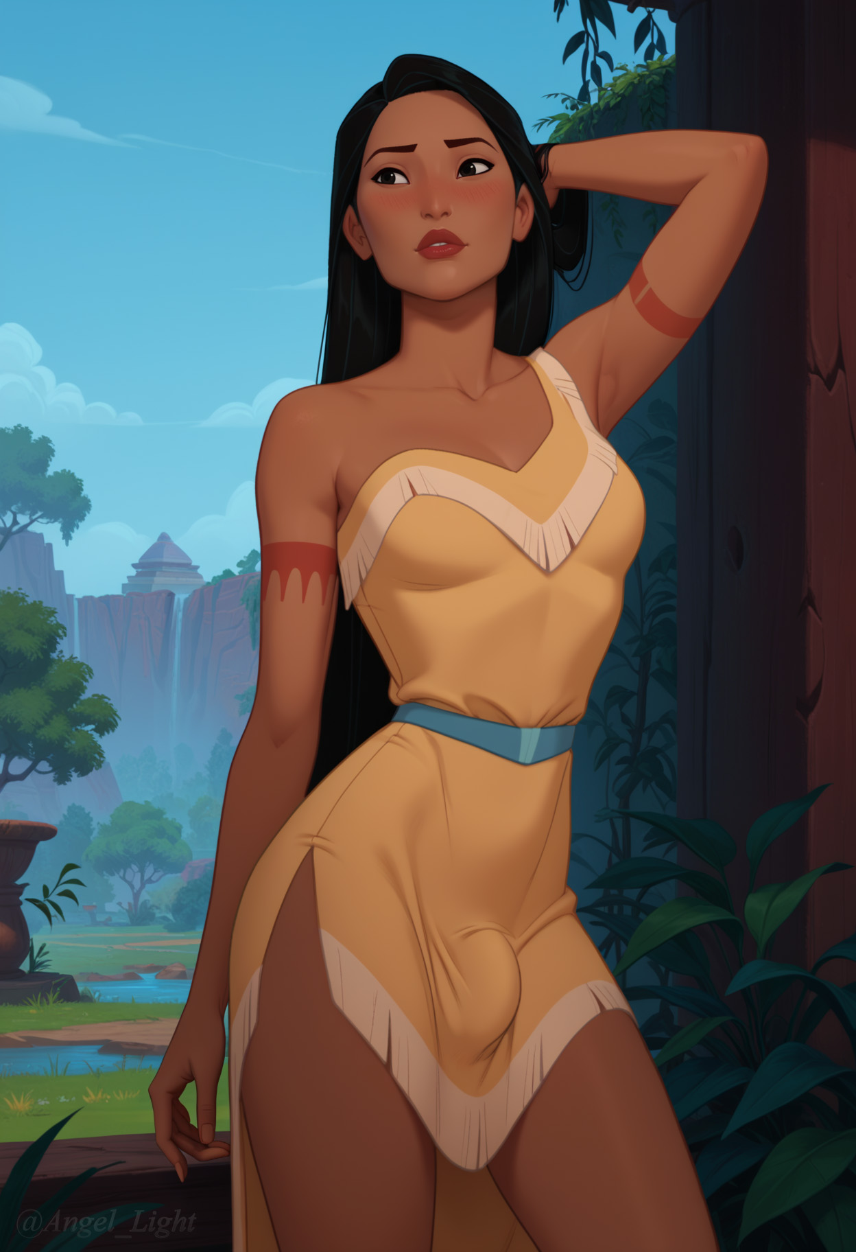 1futa, 1girls, ai generated, angel light, angel light (artist), black hair, bulge, dickgirl, disney, disney princess, dress, female, futanari, intersex, pocahontas, pocahontas (character), princess