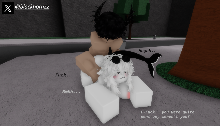 1boy big_ass big_breasts black_hair blackhornzz doggy_style doggy_style female muscular_male naked outside prone_bone roblox thick_thighs white_hair white_skin