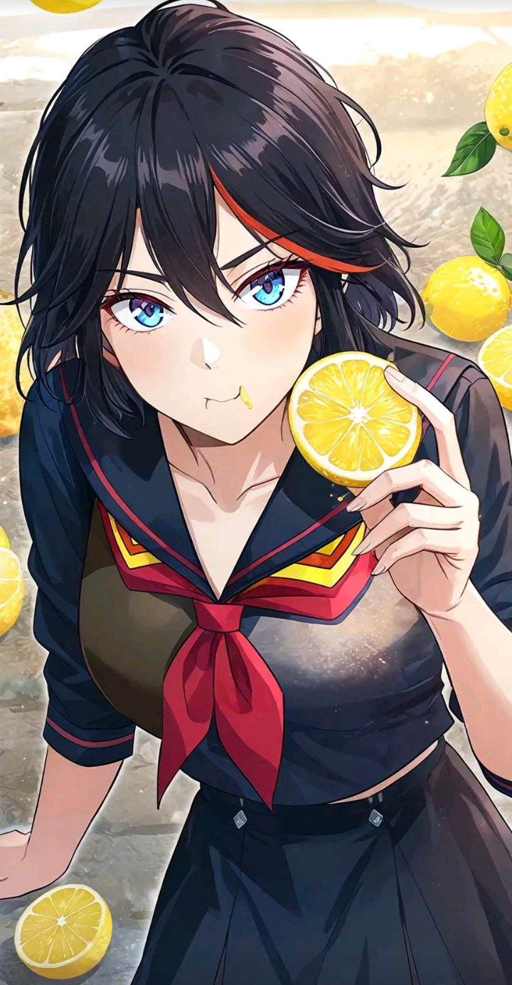 1girls ai_generated black_hair blue_eyes clothed fruit kill_la_kill lemon looking_at_viewer matoi_ryuuko senketsu