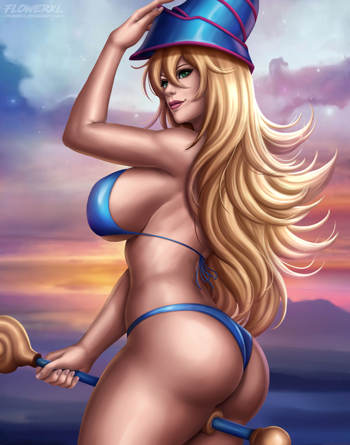 ass, big breasts, blonde hair, blue eyes, breasts, cleavage, dark magician girl, female, female only, flowerxl, large breasts, looking at viewer, looking back, solo, yu-gi-oh!