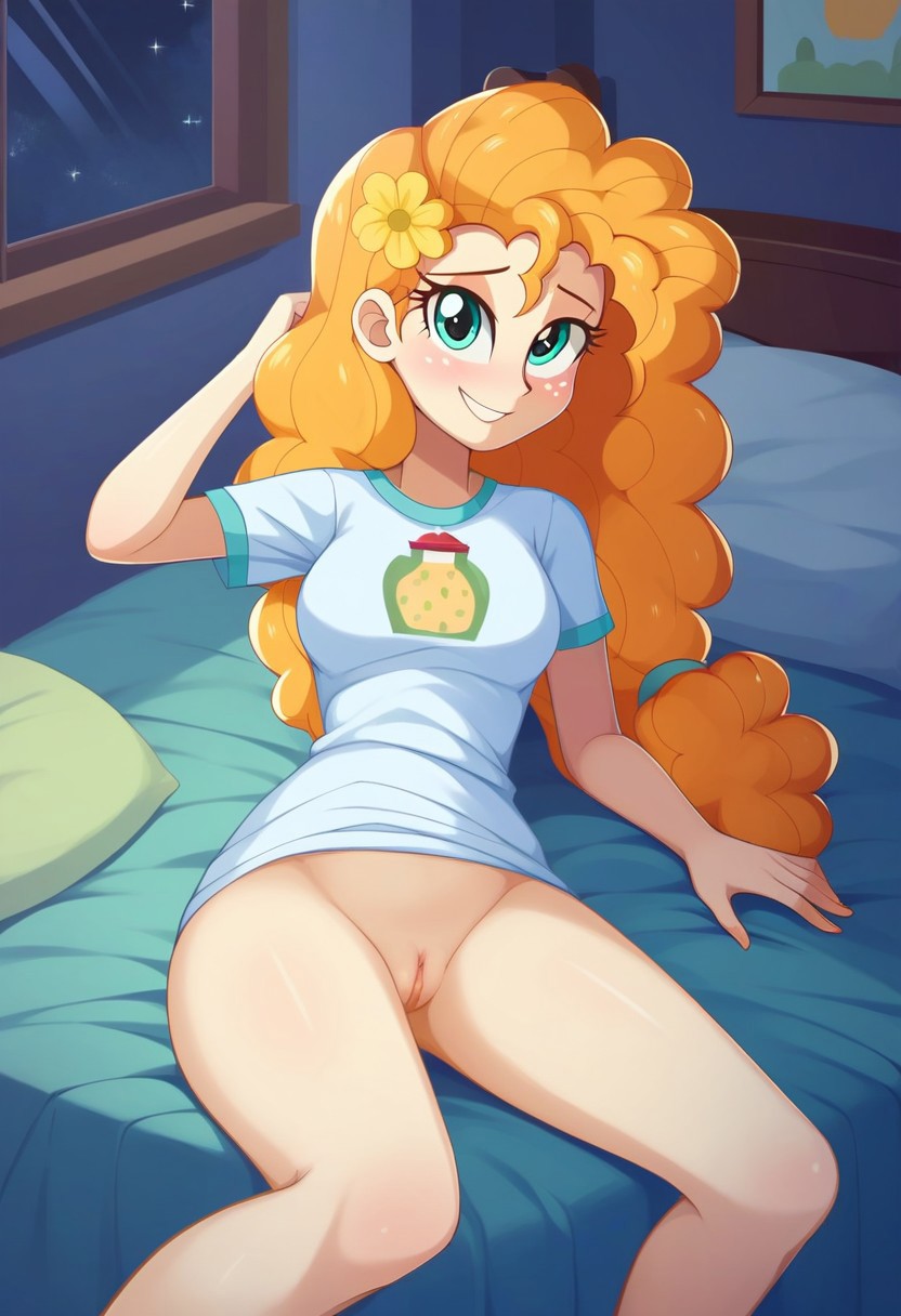 1female ai_generated bed bedroom blush blush equestria_girls female friendship_is_magic half_dressed half_naked indoors looking_at_viewer my_little_pony naked nude nude_female pear_butter_(mlp) pussy shy smile solo solo_female t-shirt t-shirt_only tagme teasing teasing_viewer teeth viewed_from_above