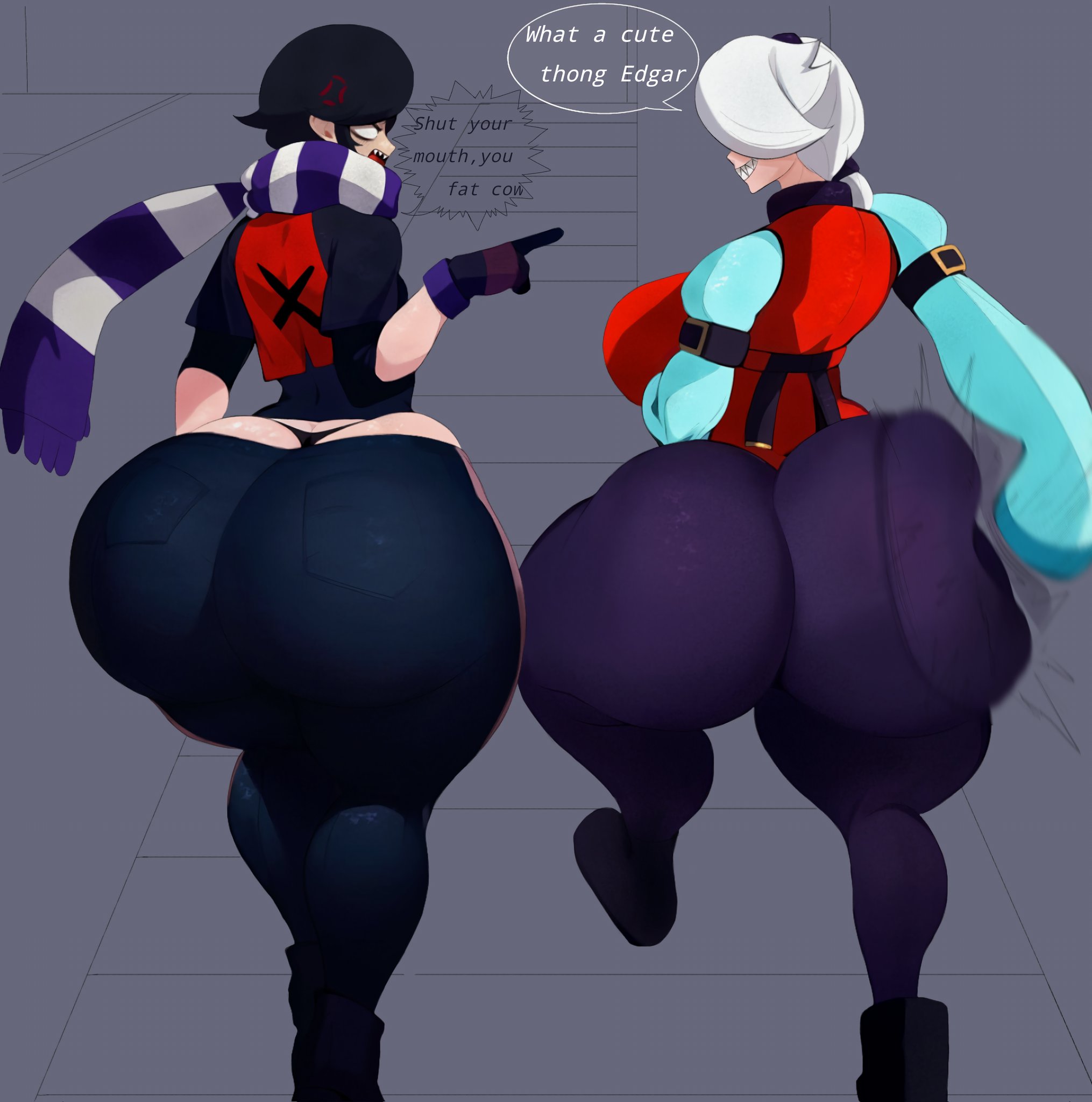 1boy, 1girls, ass, back view, brawl stars, colette (brawl stars), edgar (brawl stars), female, femboy, huge ass, male, senior garabato, slapping butt, thong, wide hips