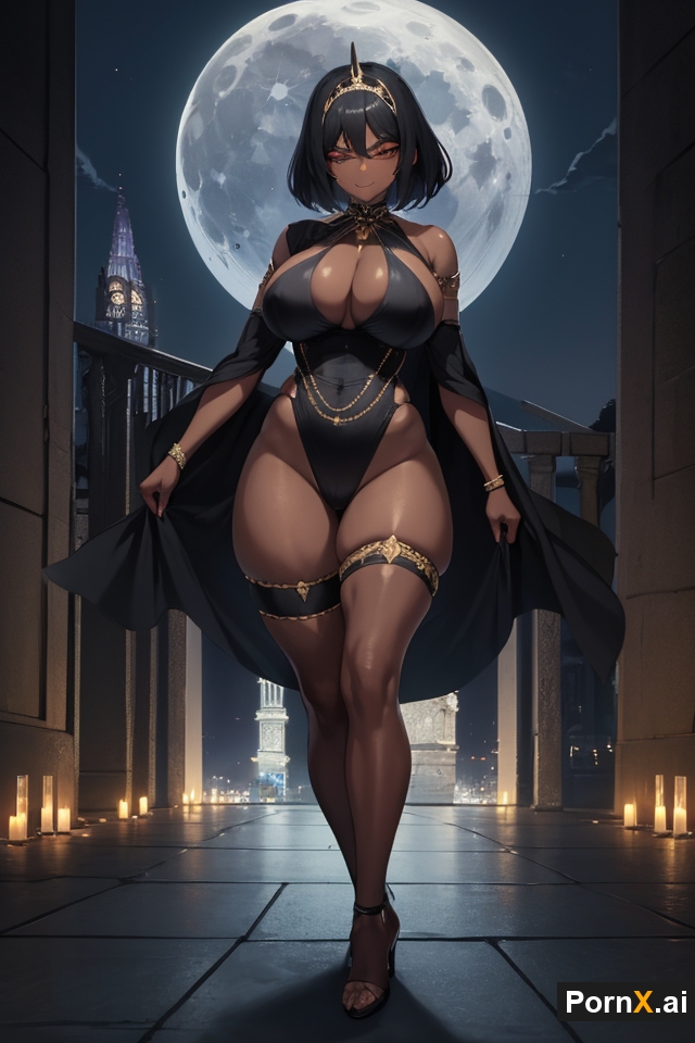 1girls ai_generated black_hair castle dark-skinned_female dark_skin full_body high_heels huge_ass huge_breasts large_breasts milf moon muscular_female night open_toe_shoes pornx.ai round_ass seductive_pose seductive_smile short_hair standing straight_hair thick_thighs tiara