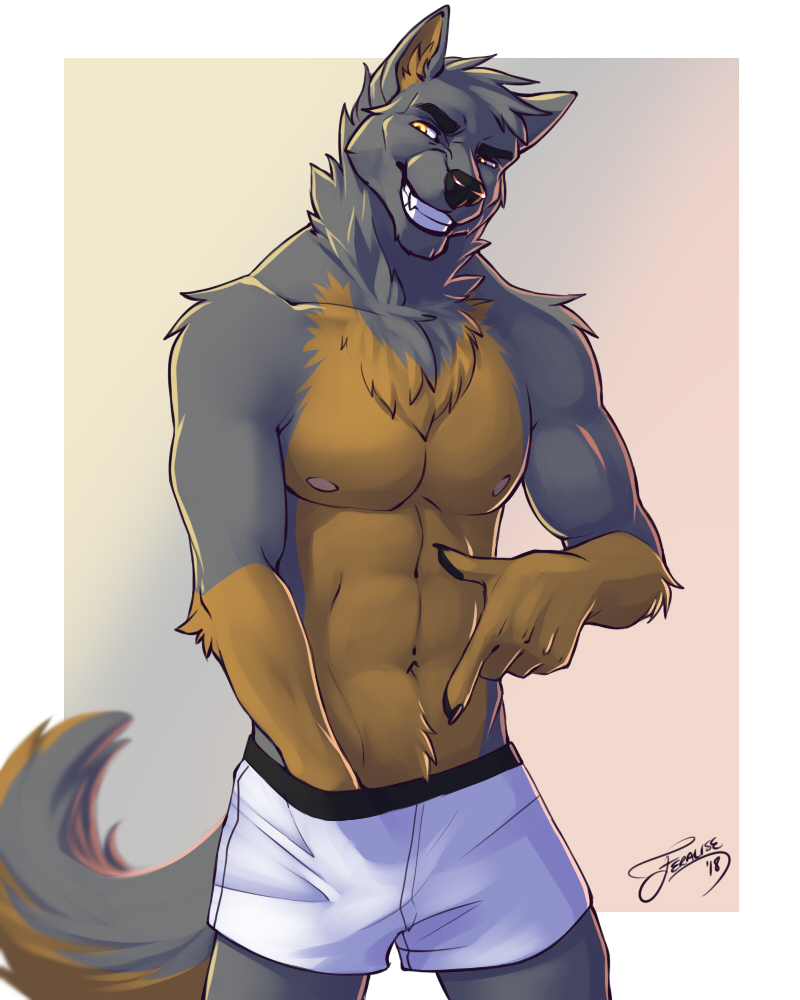 2018 5_fingers anthro black_nose brown_fur canine chest_tuft claws clothing crotch_grab eyebrows feralise fur german_shepherd grin grope hand_in_underwear looking_at_viewer male male_only mammal multicolored_fur nipples pinup pointing_down pose signature smile solo standing teeth tuft two_tone_fur underwear